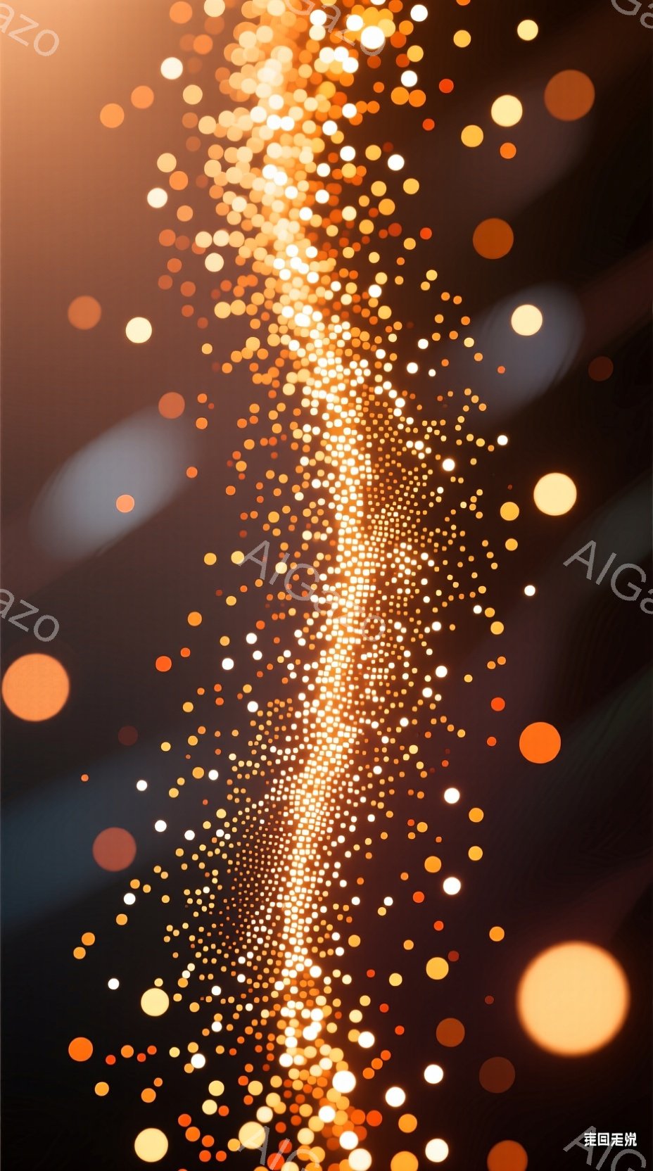 画像は、ぼやけた光の粒子で構成された女性のシルエットを描いています。彼女は、まるで星屑でできたかのように、金色の光を放ちながら立っており、その表情は判別できません。背景は暗く、光の粒子が散りばめられており、神秘的で幻想的な雰囲気を醸し出しています。