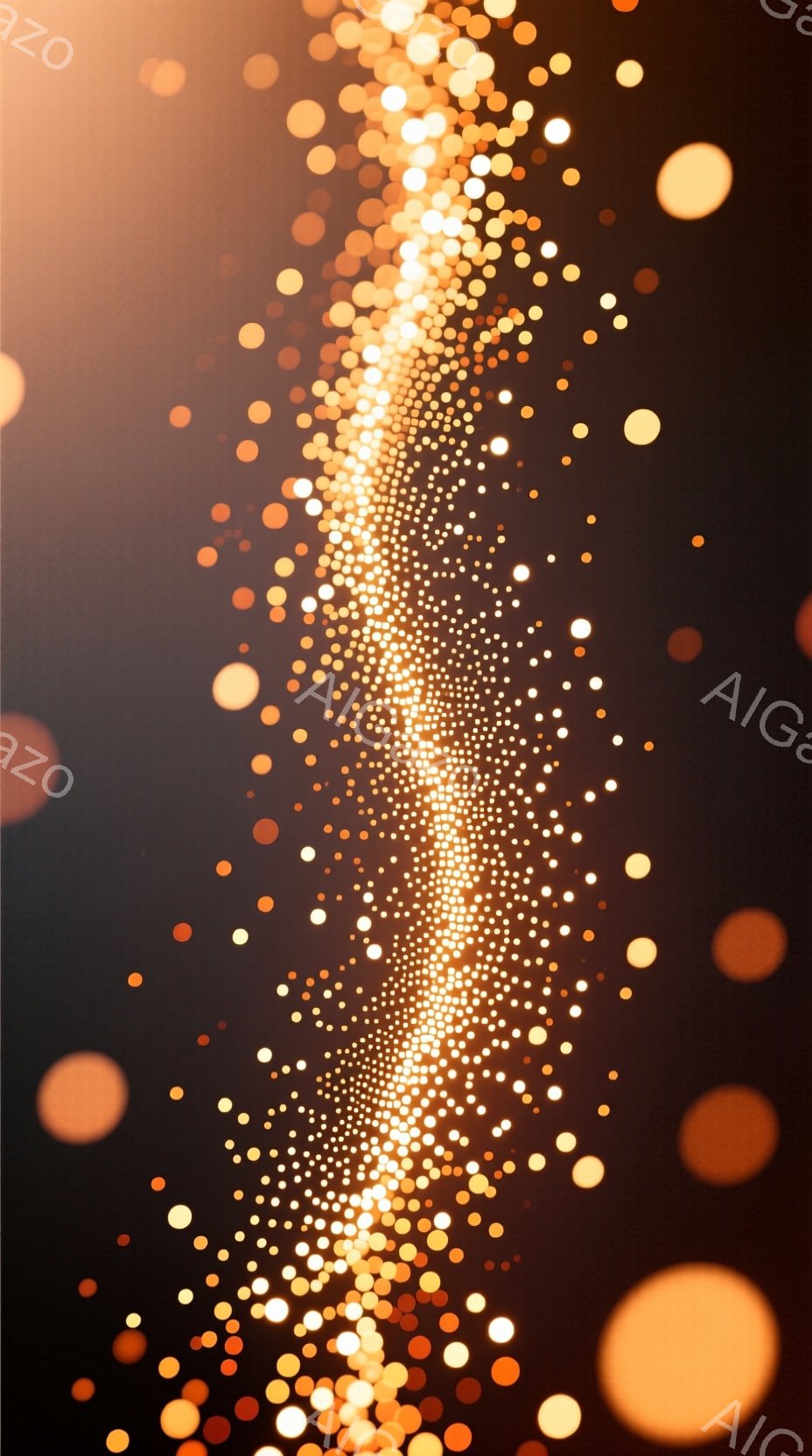 画面は暗い背景に、多数の金色の光の粒子が縦に並び、中心に向かって密集する様子が描かれている。光の粒子は様々な大きさで、ぼやけながらも輝きを放ち、まるで星屑や光の滝のような印象を与える。全体的に暖かく幻想的な雰囲気を持ち、抽象的でありながらもダイナミックなエネルギーを感じさせる。