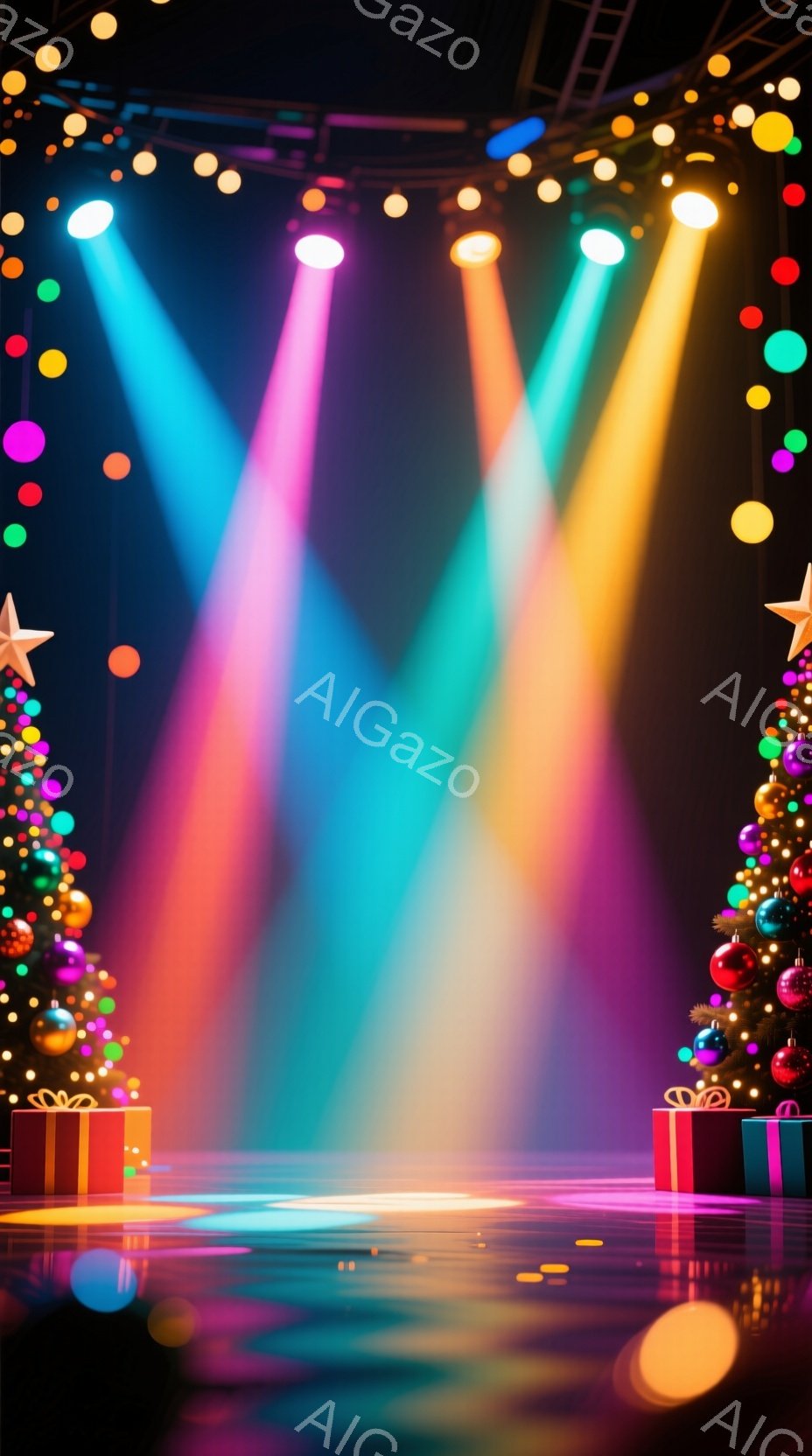 鮮やかな色のスポットライトがステージを照らし、クリスマスの飾り付けがされたプレゼントボックスが並べられています。背景にはぼやけた光の粒子が散りばめられ、お祭りやイベントの華やかな雰囲気を醸し出していま - AI生成フリー素材