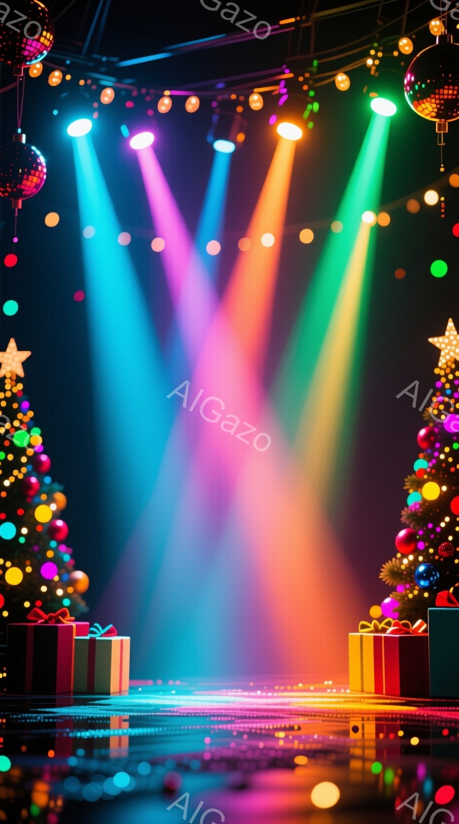カラフルなライトがステージ上空から放射状に降り注ぎ、中央に強い光の柱を作っています。ステージの左右には、華やかな装飾が施されたクリスマスツリーとプレゼントの箱が置かれ、お祝いの雰囲気を醸し出しています。この光景は、パーティーやイベントの活気ある雰囲気を表現しており、会場全体が興奮と喜びで満たされているようです。