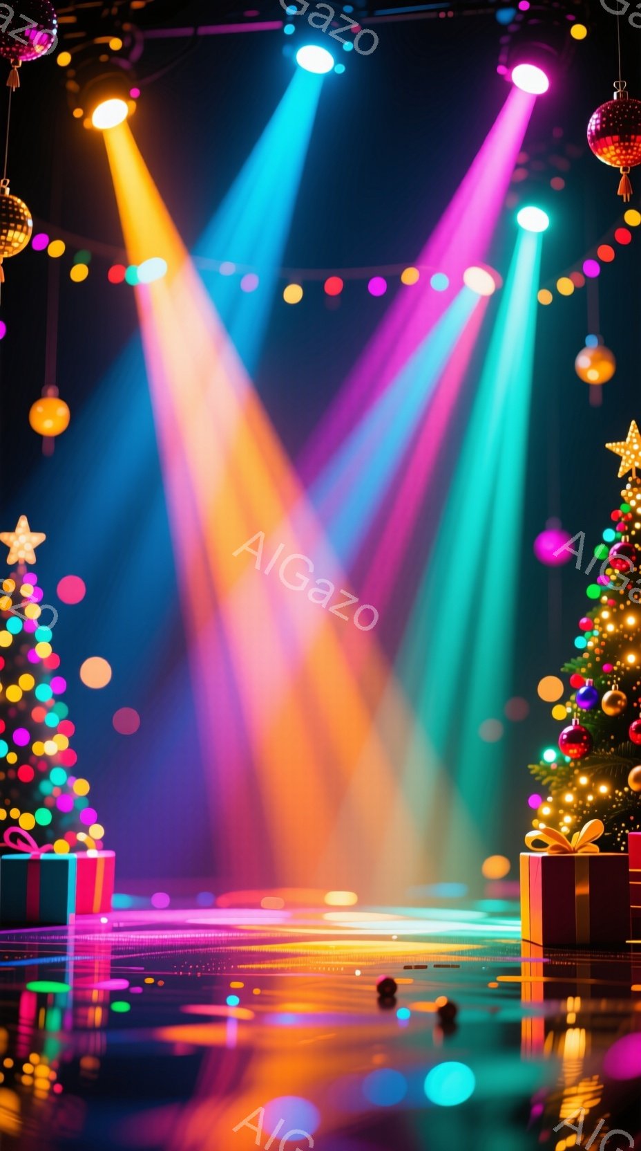 鮮やかなスポットライトがステージを照らし、クリスマスツリーとプレゼントボックスが置かれた空間が描かれています。背景には、カラフルな電飾が飾られ、まるでパーティー会場のような華やかな雰囲気を醸し出しています。反射する床面が光を増幅させ、夢幻的な光景を作り出しています。