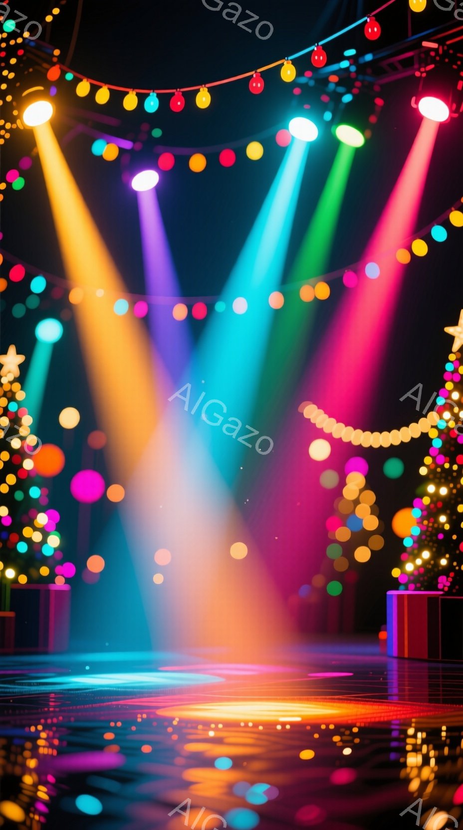 鮮やかなスポットライトがステージを照らし、幻想的な雰囲気を醸し出しています。背景にはクリスマスの飾り付けが施されたクリスマスツリーやプレゼントボックスが配置され、華やかな祝祭の様子が伺えます。光の粒子が舞い、お祝いのムードを高めています。