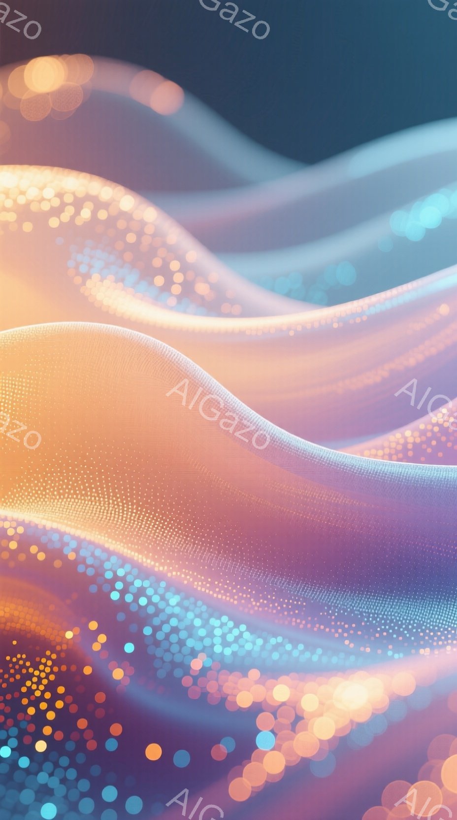 鮮やかなオレンジ、紫、水色の光の粒子が渦巻く抽象的なイメージです。光の帯が波のように重なり合い、流動的で幻想的な雰囲気を醸し出しています。背景は暗く、光の粒子が際立ち、まるで星雲やオーロラのような印象を与えます。