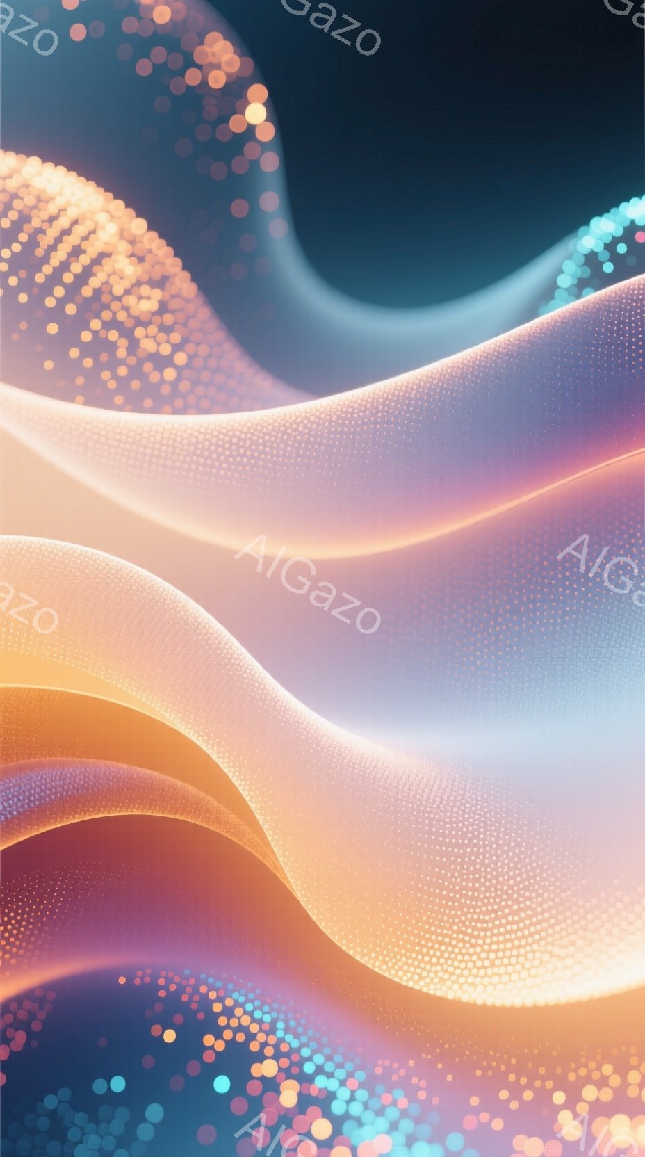 鮮やかな色彩が流れるような曲線を描き、光の粒子が散りばめられた抽象的なイメージです。オレンジ、ピンク、水色のグラデーションが重なり合い、柔らかく幻想的な雰囲気を醸し出しています。背景は暗く、光の曲線が際立ち、まるで宇宙空間を思わせるような神秘的な印象を与えます。