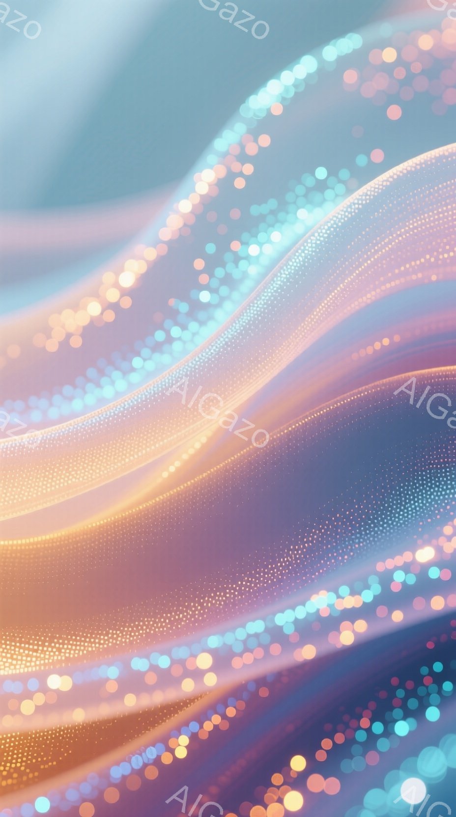 鮮やかな色彩が渦巻く抽象的なイメージで、オレンジ、ピンク、水色が混ざり合い、光の粒子が流れるように表現されている。明確な形や人物は存在せず、まるで光の帯が舞い踊っているかのような幻想的な雰囲気である。全体として、柔らかく、流動的で、きらびやかな印象を与える。