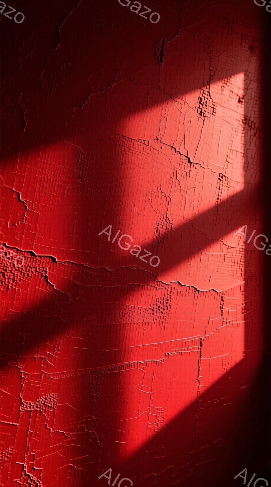 古びた赤い壁に、強い光の影が人影のように落ちている。壁の塗料は剥がれ、ひび割れており、長い年月を経た様子がうかがえる。全体的にドラマチックで、どこか寂しげな雰囲気が漂っている。