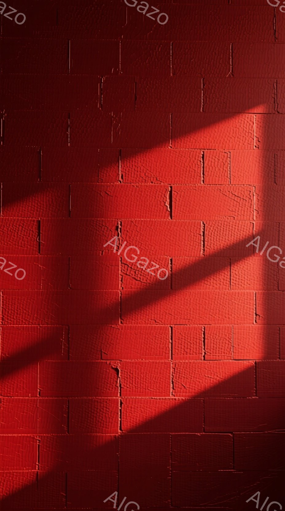 鮮やかな赤色の壁が画面全体を占めており、その表面には規則的な凹凸が見られます。壁の左側には、強い光によって生じた影が斜めに伸びており、テクスチャに奥行きを与えています。 全体的に、単調な色合いと影のコントラストが、ミニマルでありながら印象的な雰囲気を醸し出しています。