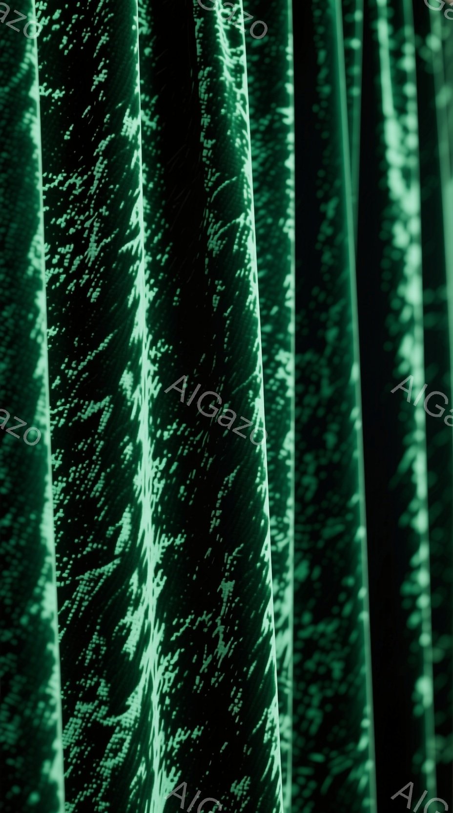 鮮やかな緑色の布地が、縦方向にフレームいっぱいに広がっています。布地には、細かい斑点模様が施されており、光の反射によって独特のテクスチャが強調されています。背景はぼやけており、布地の鮮やかさが際立って - AI生成フリー素材
