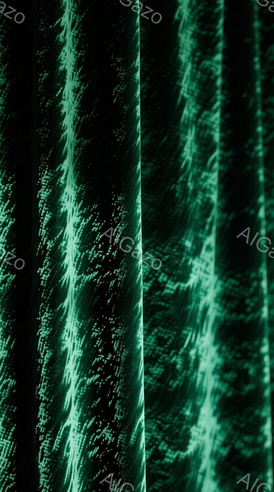 鮮やかな緑色のテクスチャが画面全体を覆っており、まるで光の粒子が降り注ぐような視覚効果を生み出しています。細かい点が規則的に並び、深みのある緑色と光の反射によって、幻想的で抽象的な雰囲気を作り出しています。この画像は、特定の被写体や背景を明確に示しているわけではなく、光と色の組み合わせを楽しむことに重点が置かれています。