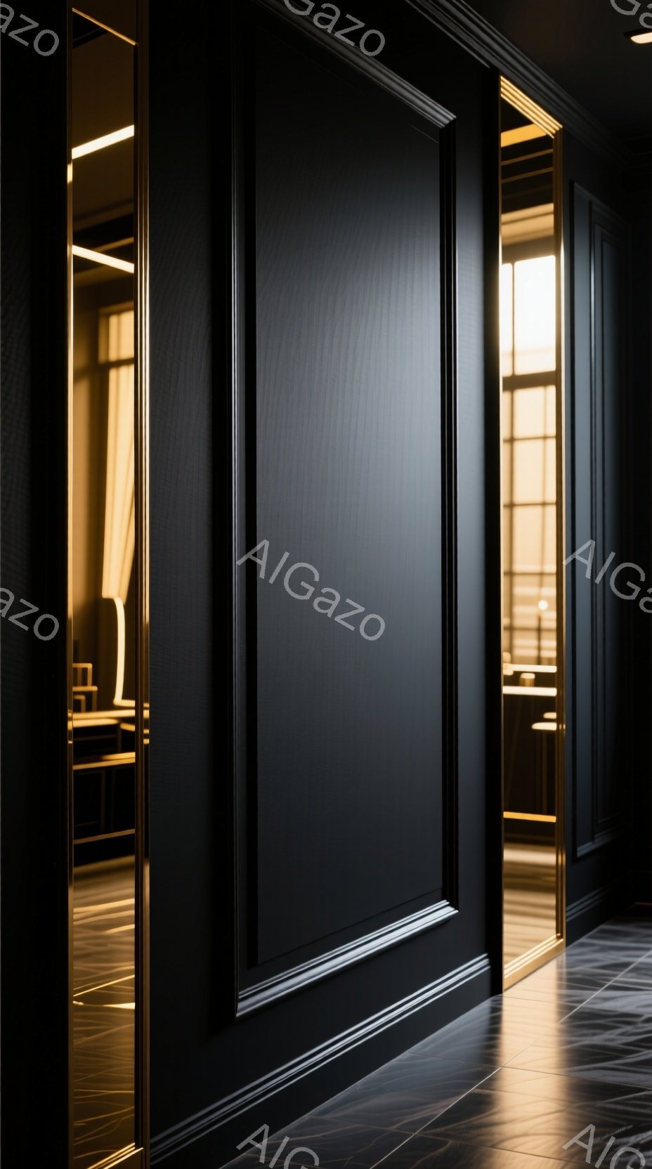 画像は、黒い壁面と金色のモールディングが印象的な廊下の様子を捉えています。床は黒いタイルで、壁に沿って配置された鏡が奥行きを強調し、奥の部屋からの暖色系の光が反射して、モダンで洗練された雰囲気を醸し出しています。静かで落ち着いた空間で、高級感とスタイリッシュさを感じさせます。