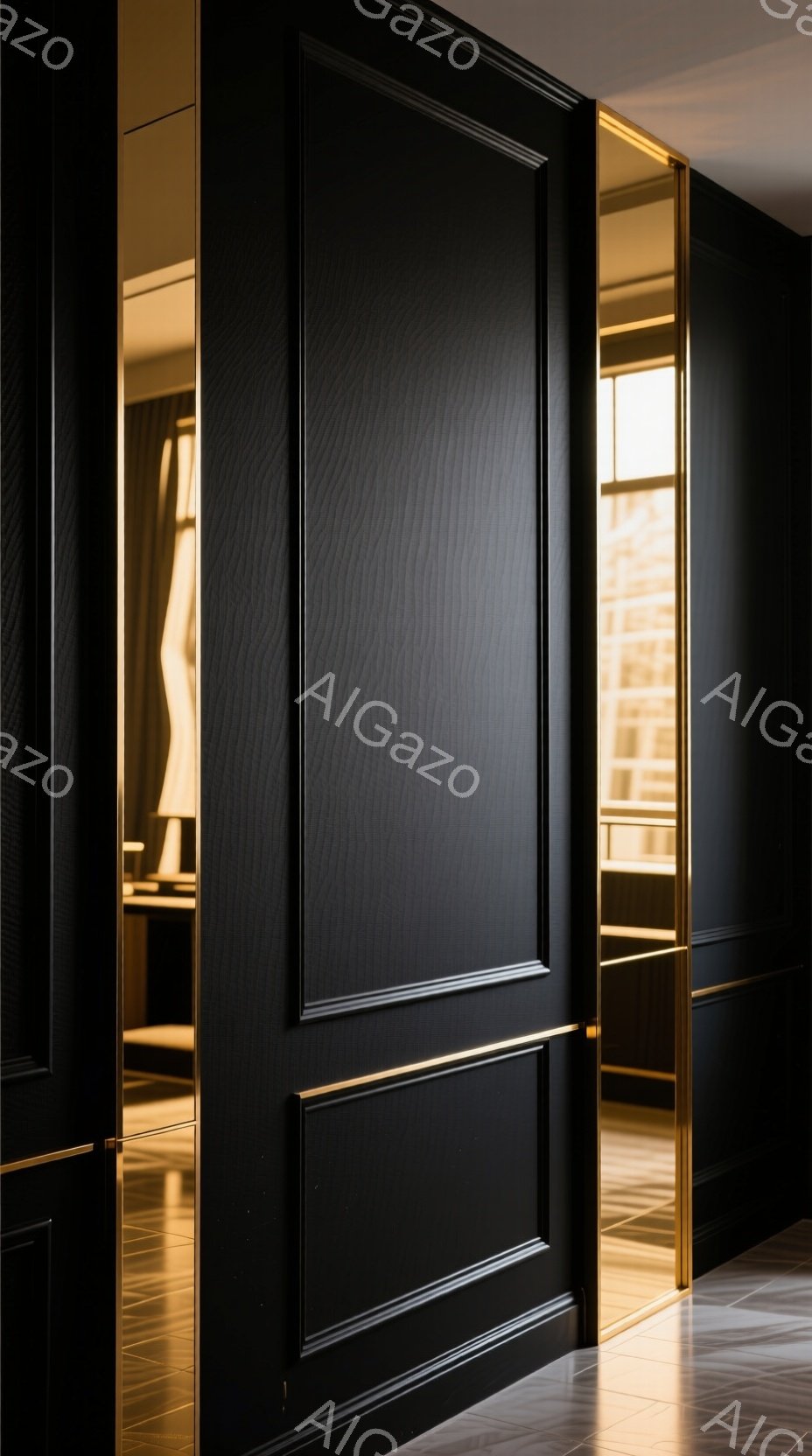 深い黒色のパネル張りの壁が特徴的な空間で、金色の枠がアクセントになっている。床は光沢のあるタイルで、反射光が美しいグラデーションを作り出している。奥には扉が開いており、光が差し込み、別の部屋へと続く様子がうかがえる。