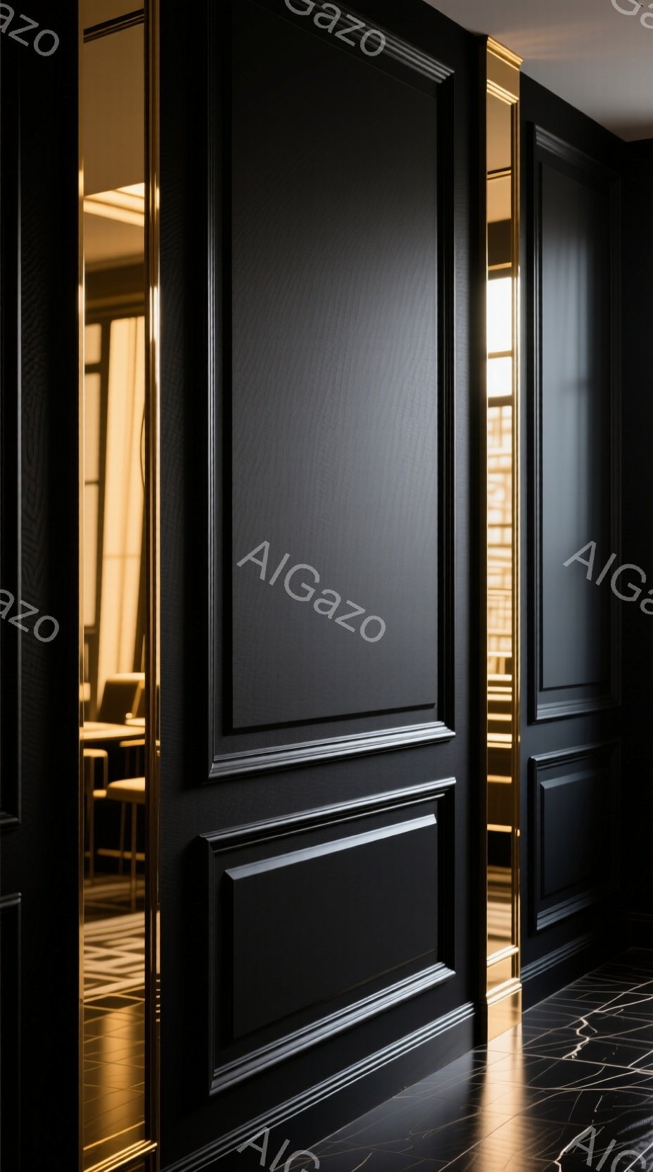 画像は、暗い色の木製パネル張りの廊下の様子を示している。床は黒と白の大理石模様で、壁のパネルの向こうに黄金色の光が反射する鏡が見える。全体的に、洗練された、豪華で、やや陰鬱な雰囲気を醸し出している。