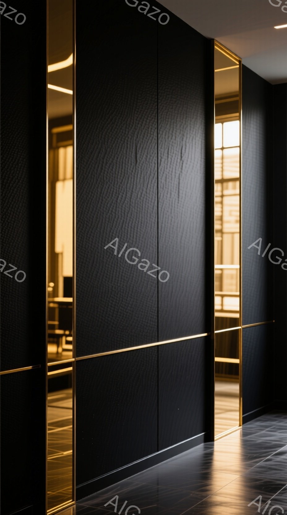 暗い色の壁面が印象的な廊下の画像です。壁はテクスチャのある黒い素材で覆われ、垂直方向に金色のラインがアクセントになっています。床は磨かれた黒いタイルで、壁の反射が美しく映り込み、高級感とモダンな雰囲気を醸し出しています。