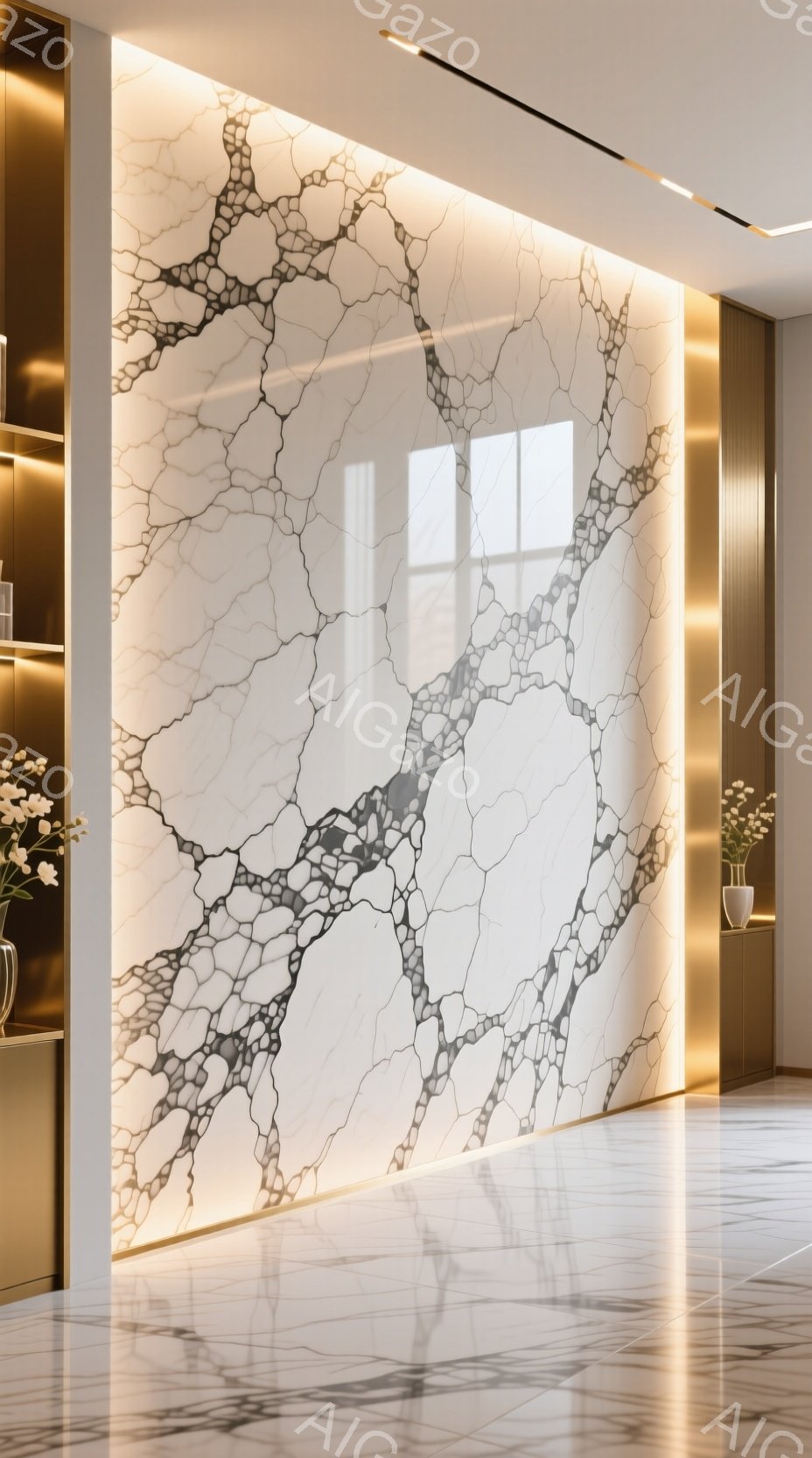 白を基調とした大理石模様の壁が印象的な室内空間です。壁の左右には金色に輝く装飾が施され、床は光沢のあるタイルで覆われています。左手には白い花が飾られた花瓶が置かれ、モダンで洗練された雰囲気を醸し出しています。