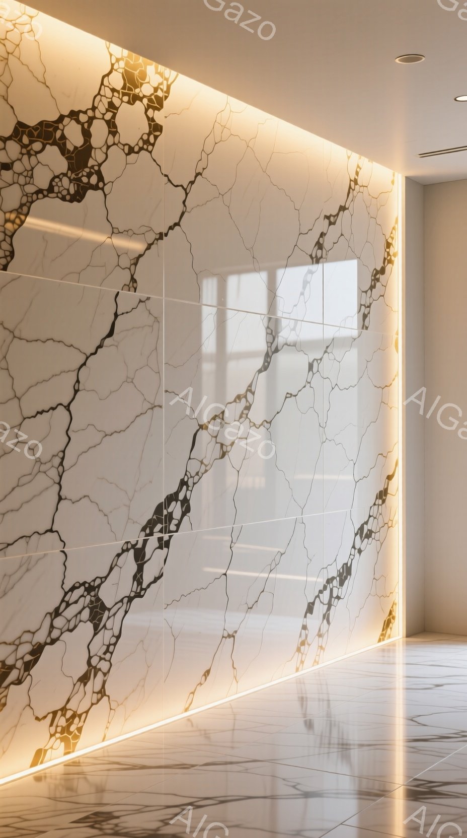 白い大理石模様の壁が、間接照明によって強調されています。床も同様に白い光沢のある素材で覆われ、モダンで洗練された雰囲気を醸し出しています。空間は明るく、清潔感があり、シンプルながらも高級感のあるデザインが特徴です。