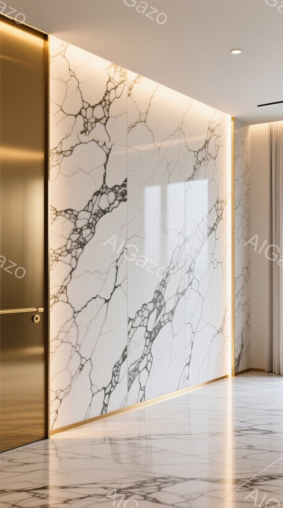 白を基調としたモダンな空間で、壁は光を透過する大理石調のパネルで覆われています。パネルの側面には温かみのあるゴールドのラインが走り、優雅な雰囲気を醸し出しています。床も大理石調で、光沢があり、壁の光と相まって、洗練された印象を与えます。
