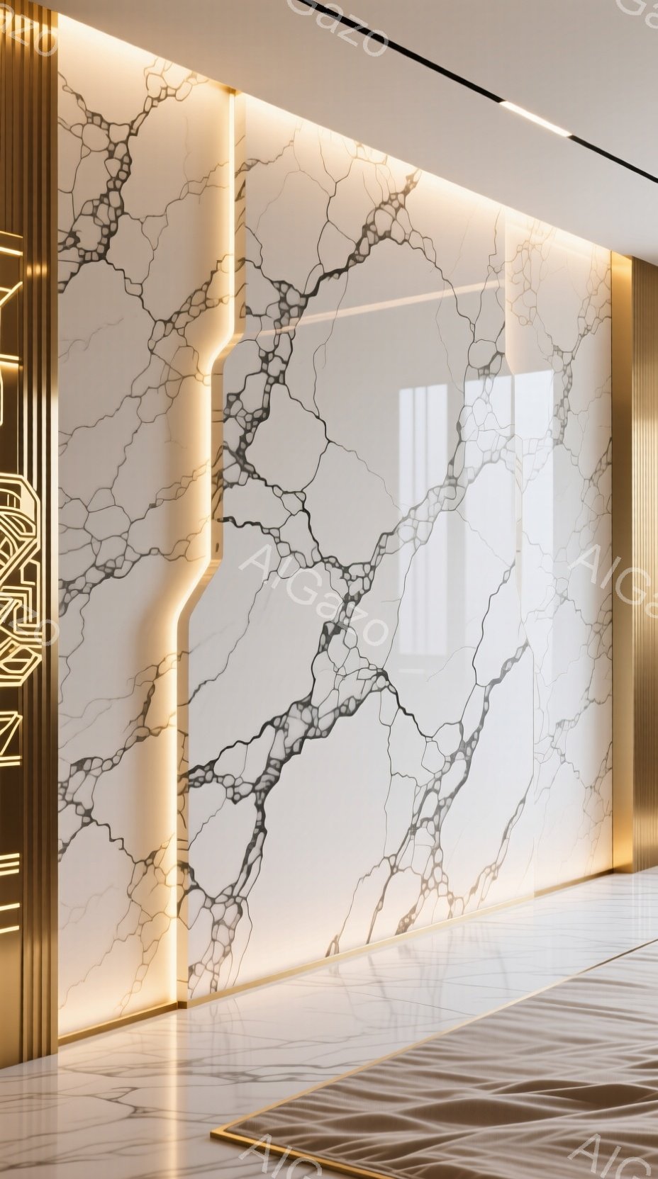 白を基調とした大理石の壁が印象的な空間です。壁の周囲には金色の装飾が施されており、光が壁を照らして上品な雰囲気を醸し出しています。床は白とグレーのマーブル模様で、モダンで洗練されたインテリアデザインが特徴です。