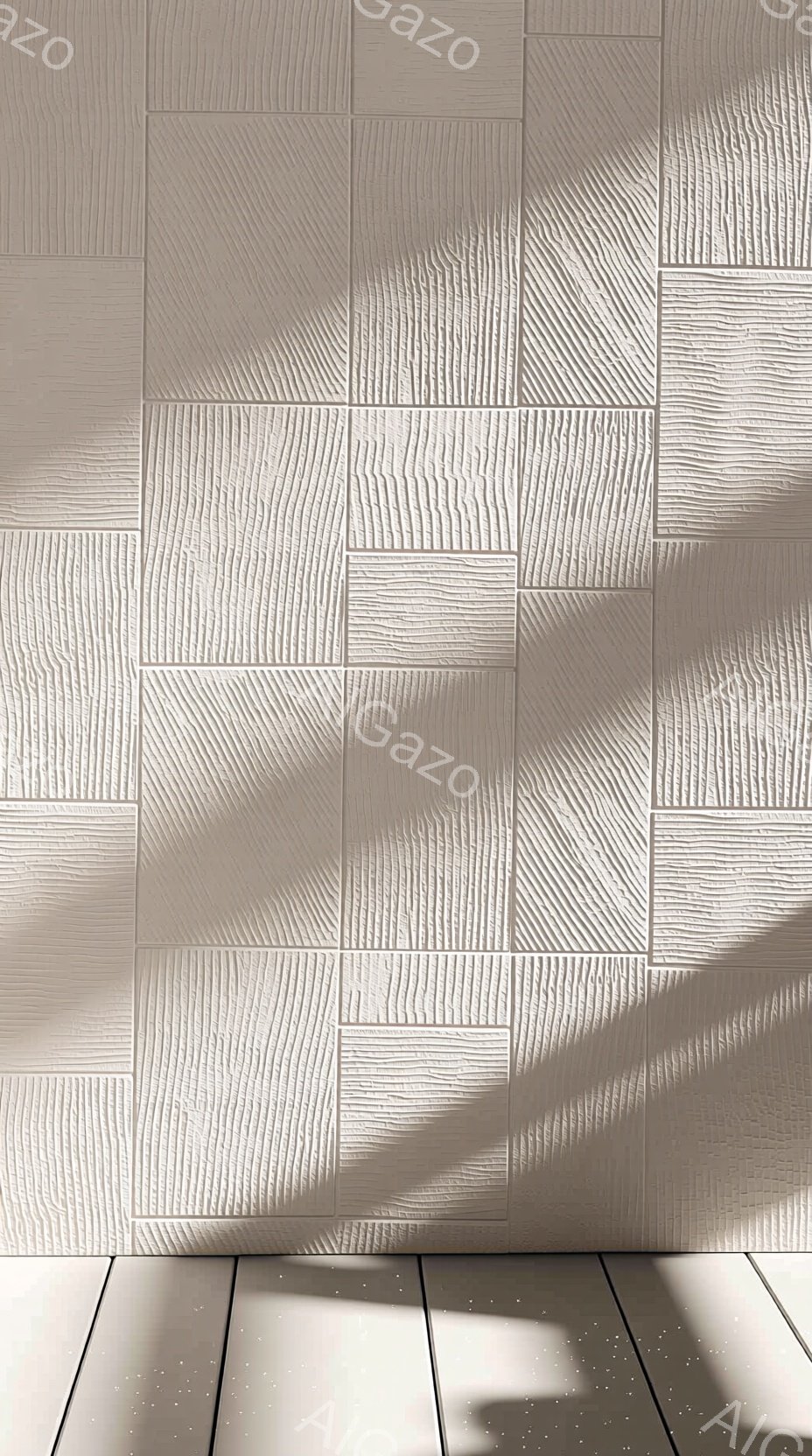 白を基調とした壁に、規則的に配置された長方形のタイルが印象的です。タイルの表面には細い溝が走り、光と影が織りなすテクスチャが特徴的です。床には木目調のフローリングが敷かれ、全体的に落ち着いた、ミニマルな雰囲気を醸し出しています。