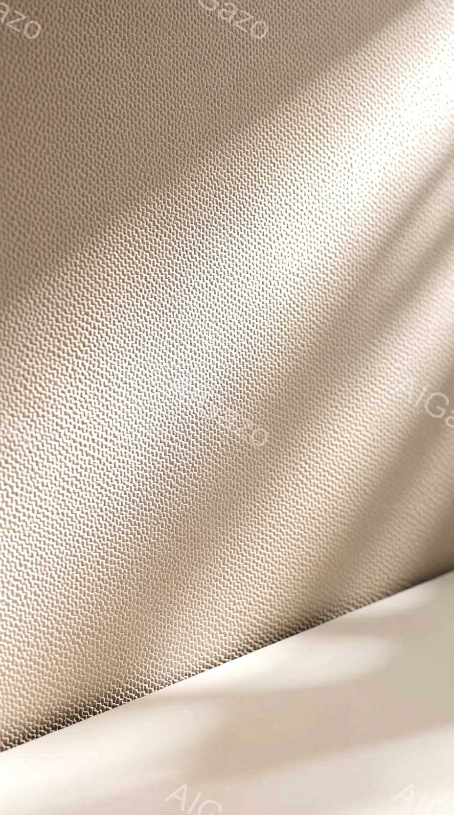 画像は、ベージュ色のテクスチャードな生地のクローズアップです。左下には、より明るい色の滑らかな生地が部分的に見え、影が柔らかく落ちています。全体的に、ミニマルで穏やかな雰囲気を持ち、素材の質感が強調されています。