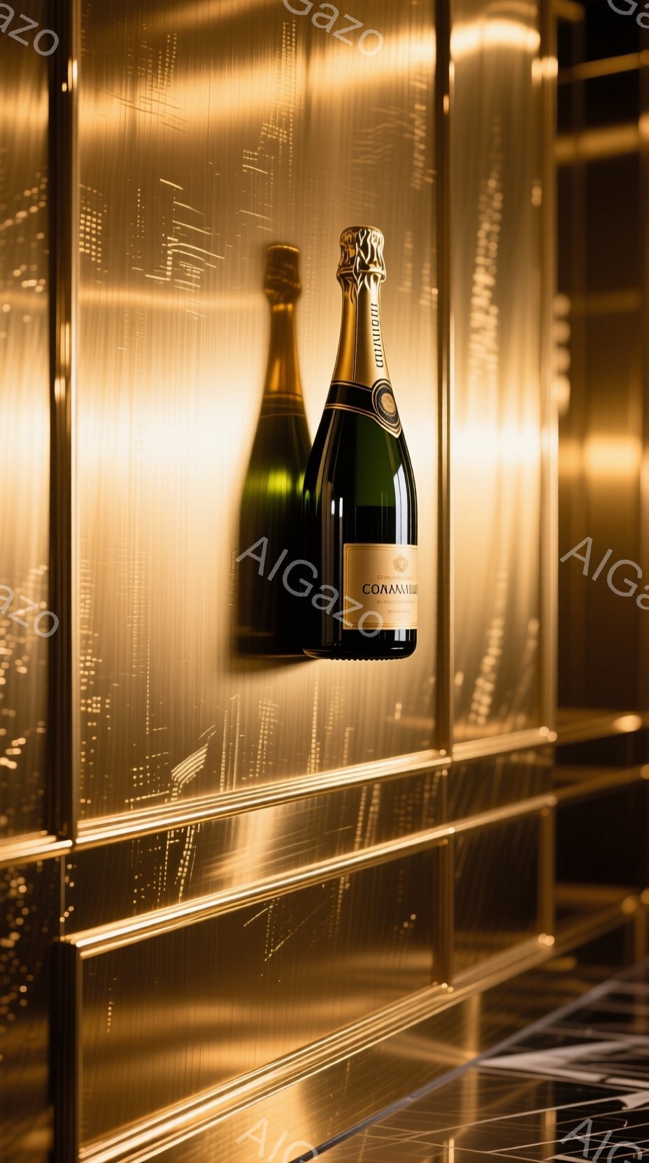 金色のメタリックな背景に、シャンパンボトルが二本並んで配置されている。ボトルは鮮やかな緑色で、ラベルには「Dom Pérignon」の文字が確認できる。背景は縦長の溝が刻まれた金属製のパネルで、ボトルを照らす光が反射して、高級感と洗練された雰囲気を醸し出している。