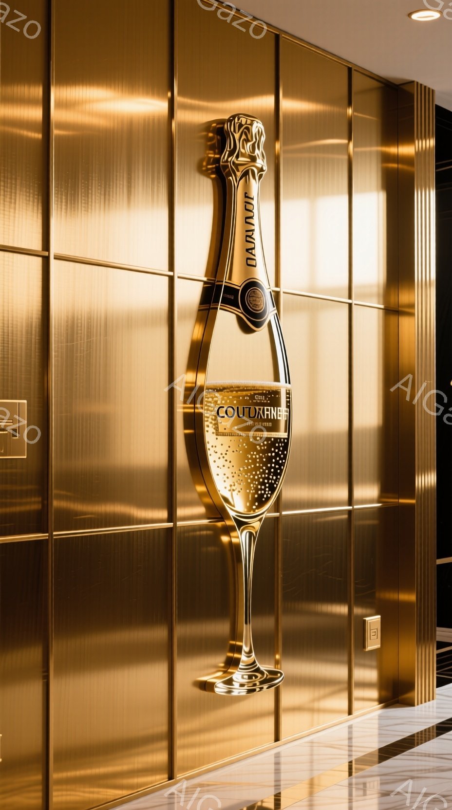 画像は、ゴールド色の壁に設置されたシャンパンボトルの巨大なレリーフです。ボトルはDom Pérignonのラベルが貼られており、細部まで精巧に彫られています。壁面はテクスチャがあり、ボトルの光沢と相まって、豪華で洗練された雰囲気を醸し出しています。