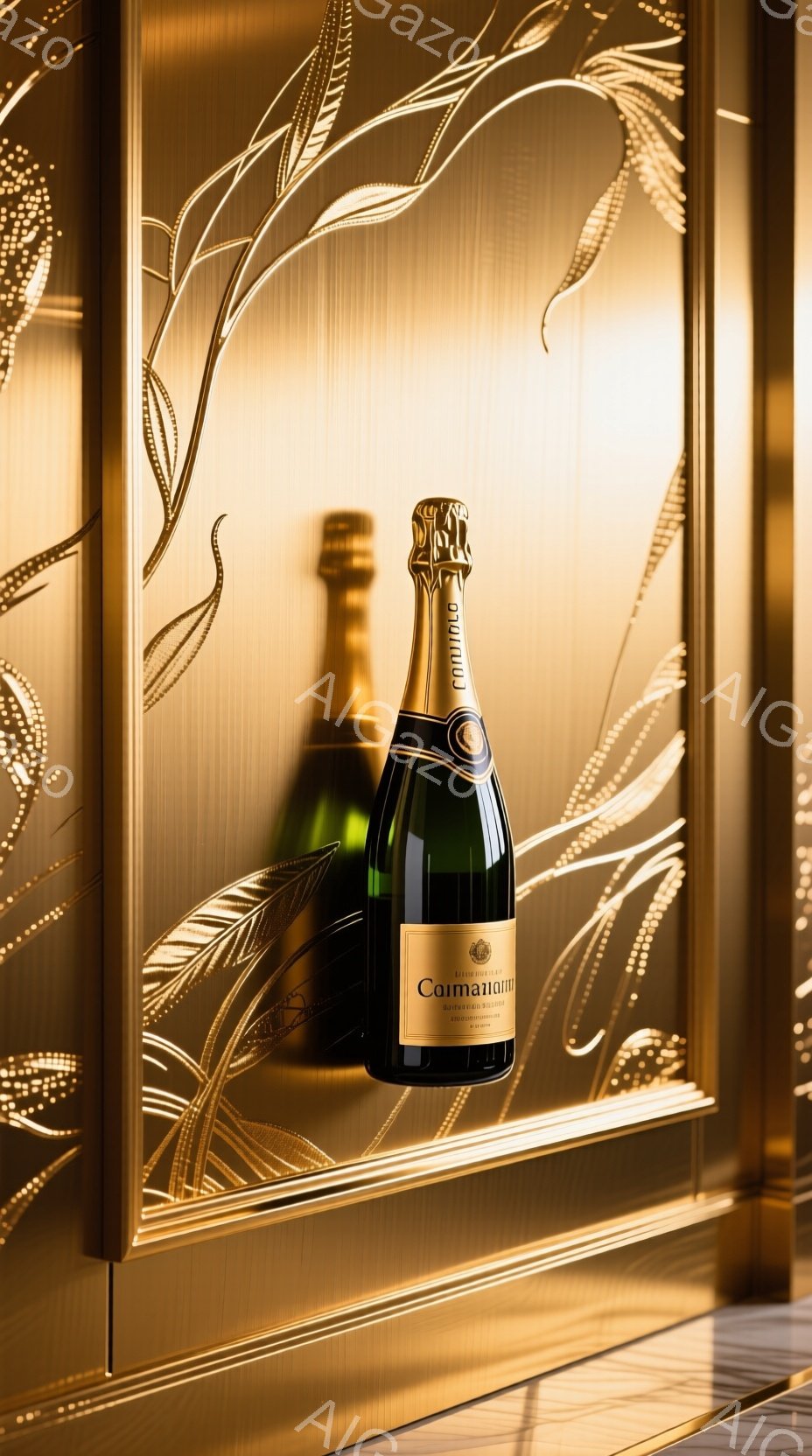 画像は、金色の装飾が施された壁を背景に、緑色のシャンパンボトルが置かれている様子を捉えています。壁には、繊細な葉っぱ模様が浮き彫りされており、ボトルにスポットライトが当たって光沢が増しています。全体的に豪華で洗練された雰囲気で、高級感あふれる空間を演出しています。
