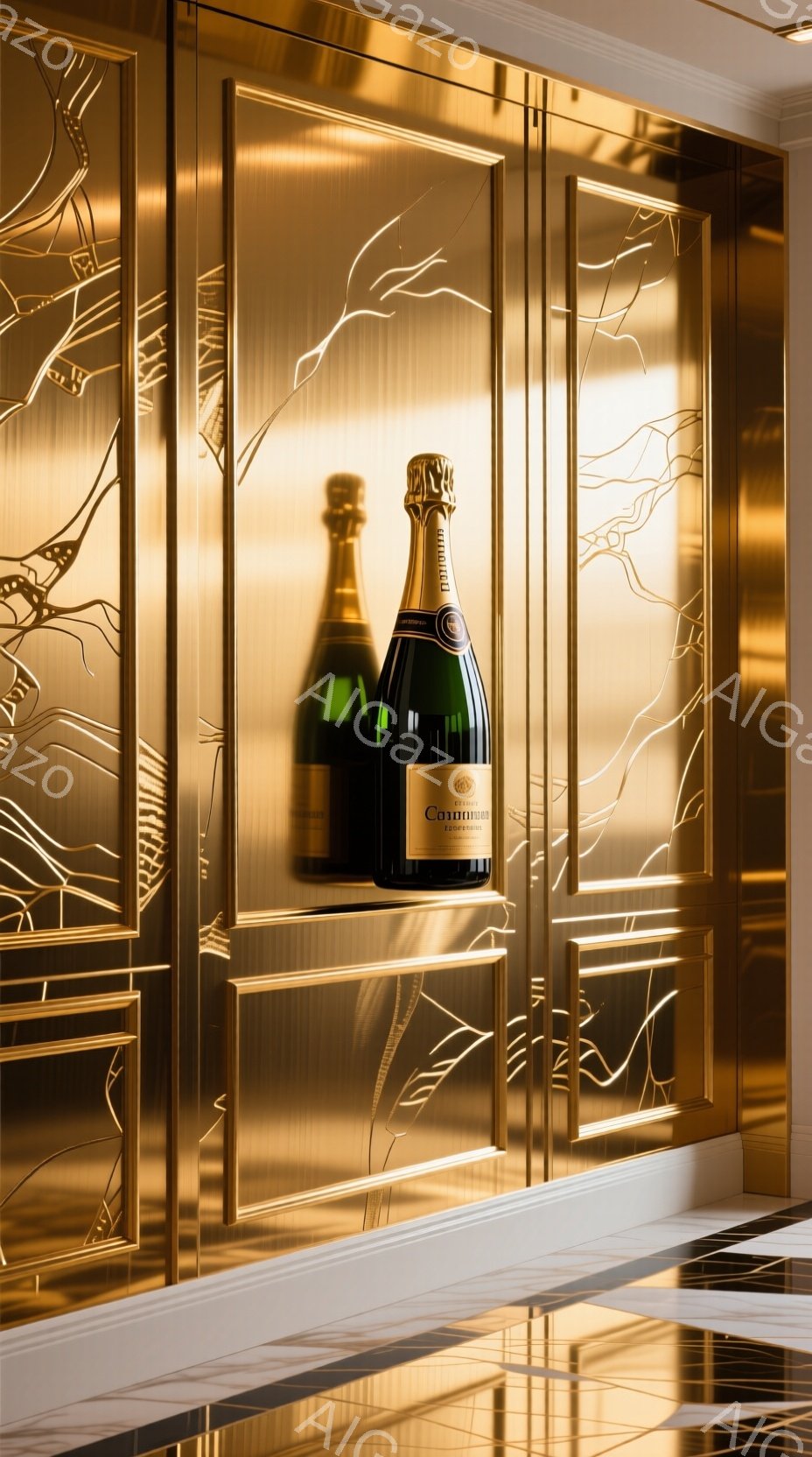 黄金色のパネルが印象的な背景に、シャンパンボトルが2本並んで配置されている。パネルには幾何学的な模様が施されており、光の反射によって高級感が際立っている。全体的に暖色系の照明が使用されており、華やかで洗練された雰囲気を醸し出している。