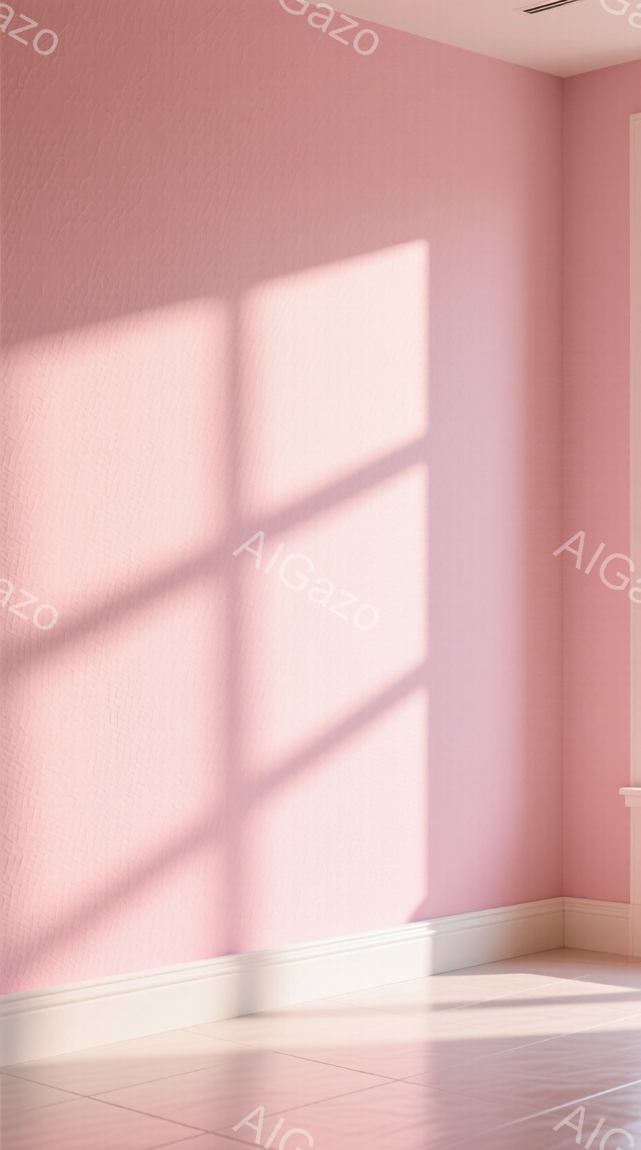 鮮やかなピンク色の壁が画面を占めており、白いモールディングが床と壁の境を縁取っています。光の差し込みによって、壁に格子状の影が描かれ、柔らかい光と影のコントラストが生み出されています。床は明るいベージュ色のタイルで覆われており、シンプルな内装が清潔感と落ち着いた雰囲気を醸し出しています。