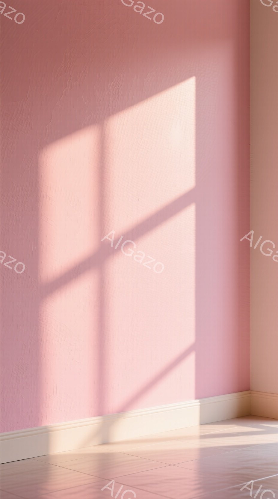 鮮やかなピンク色の壁に、窓枠の影が規則的に映っています。床は明るいベージュ色のタイルで、壁の下には白いモールディングが施されています。全体的に明るく、静かで、ミニマルな雰囲気で、柔らかな光が空間を優しく包み込んでいます。