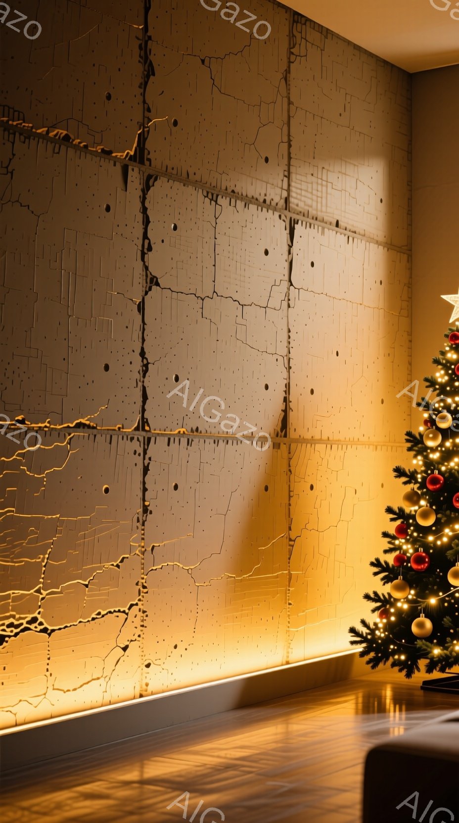 暖色系の照明が照らす室内には、複雑な模様が施された壁と、クリスマスツリーが映っています。壁はまるでひび割れた大地のようであり、光がその隙間から漏れ出し、独特の陰影を生み出しています。ツリーは飾り付けられており、暖かい光と相まって、静かで穏やかな祝祭の雰囲気を醸し出しています。