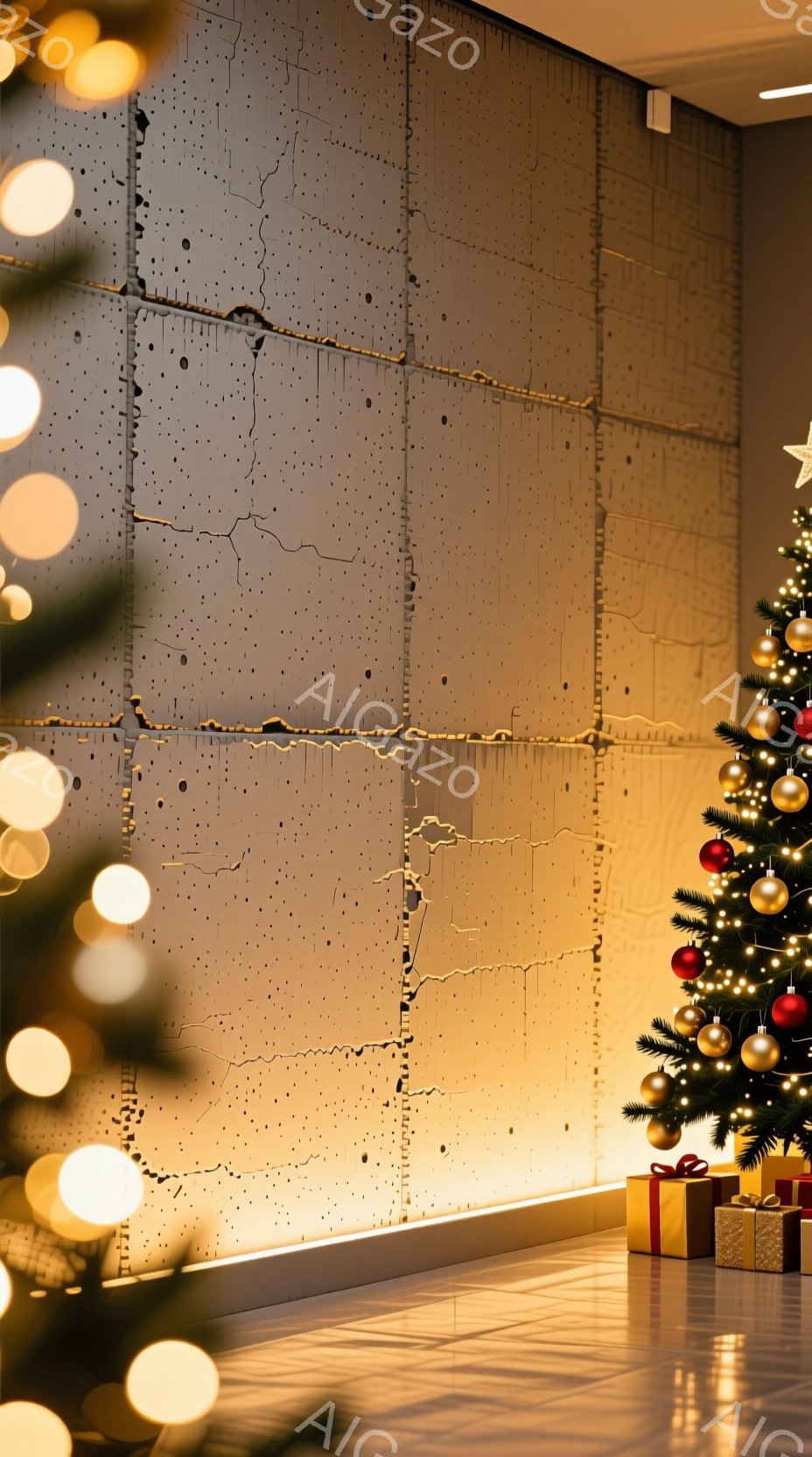 室内には、クリスマスの飾り付けが施された空間が広がっています。左側には光る電球のガーランドが飾られ、右側にはクリスマスツリーとプレゼントが置かれています。壁は金属製のパネルで覆われ、モダンで洗練された雰囲気を醸し出しています。