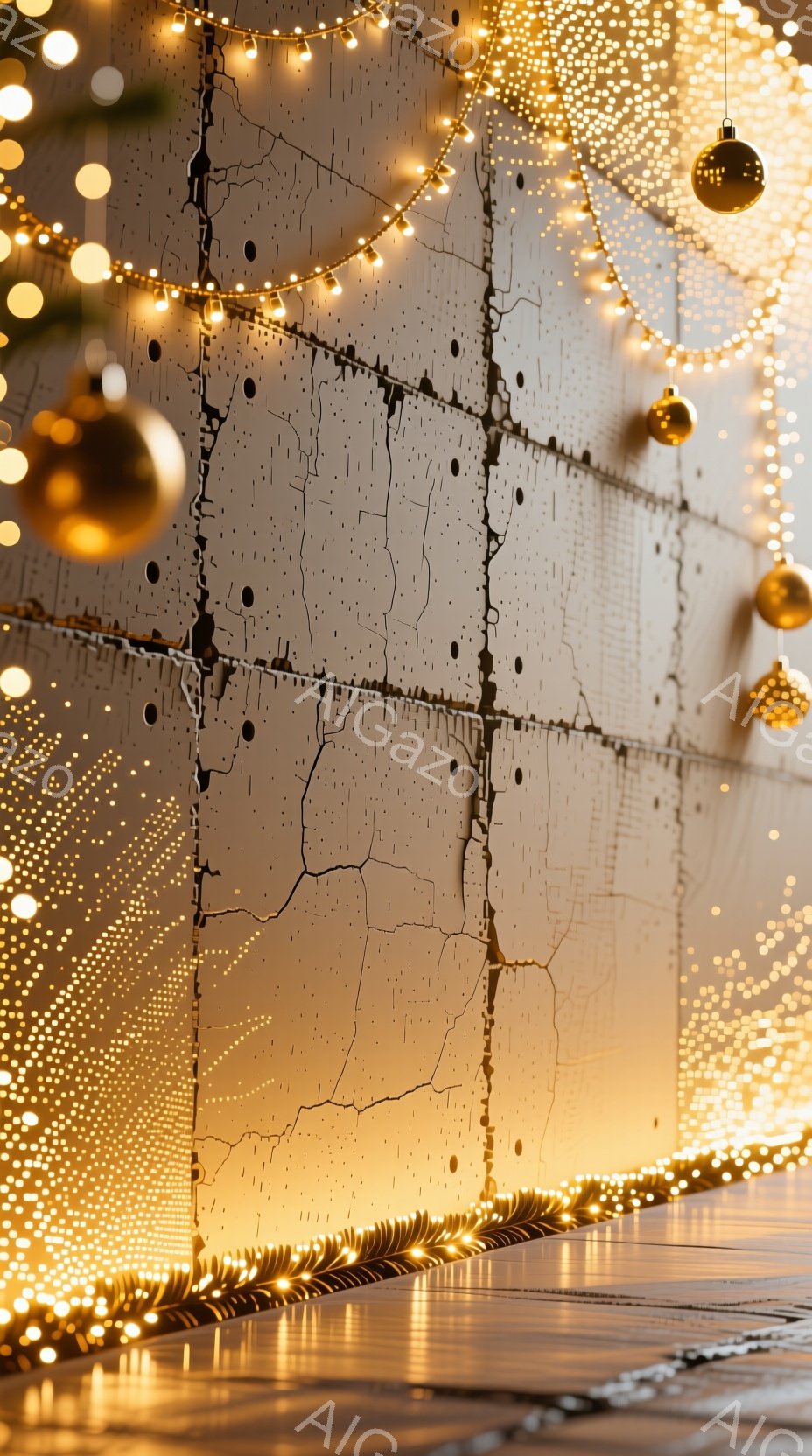 コンクリートの壁が写真の中央にあり、周囲を無数の温かい光のストリングライトが飾り付けています。床は反射しており、光の輝きを映し出し、全体的に華やかで夢幻的な雰囲気を作り出しています。黄金色のオーナメントがいくつか散りばめられており、まるで祝祭的な空間のようです。