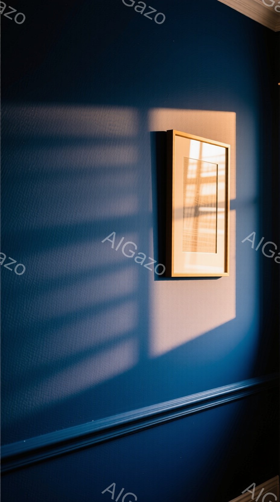 深い青色の壁に、金色の額縁に入った絵画が飾られている。壁には、窓の外の格子を通して差し込む光が影のストライプを描き、絵画の周囲にドラマチックなコントラストを生み出している。下部には白いモールディングが走り、空間に洗練された雰囲気を与えている。