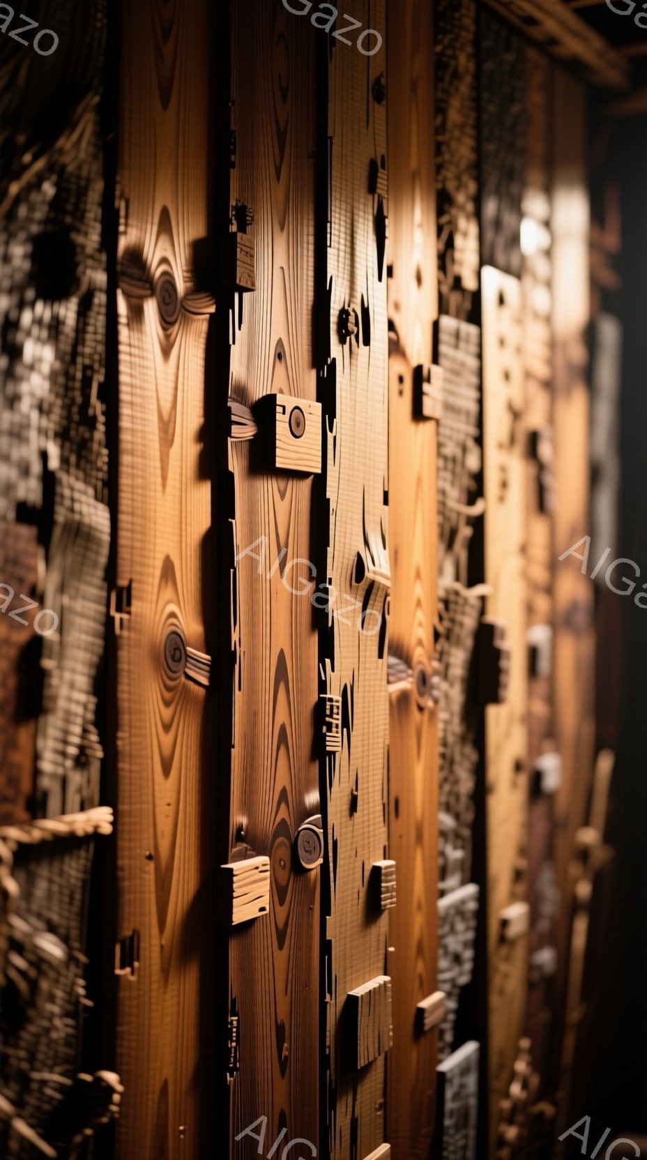 暖色系の木材が縦に並べられた壁面が印象的な画像です。木材は様々な幅と長さで、表面には不規則な凹凸や小さな木製のボタンのような装飾が施されています。光と影のコントラストが強く、木材の質感と奥行きが強調され、温かみと静寂な雰囲気を醸し出しています。