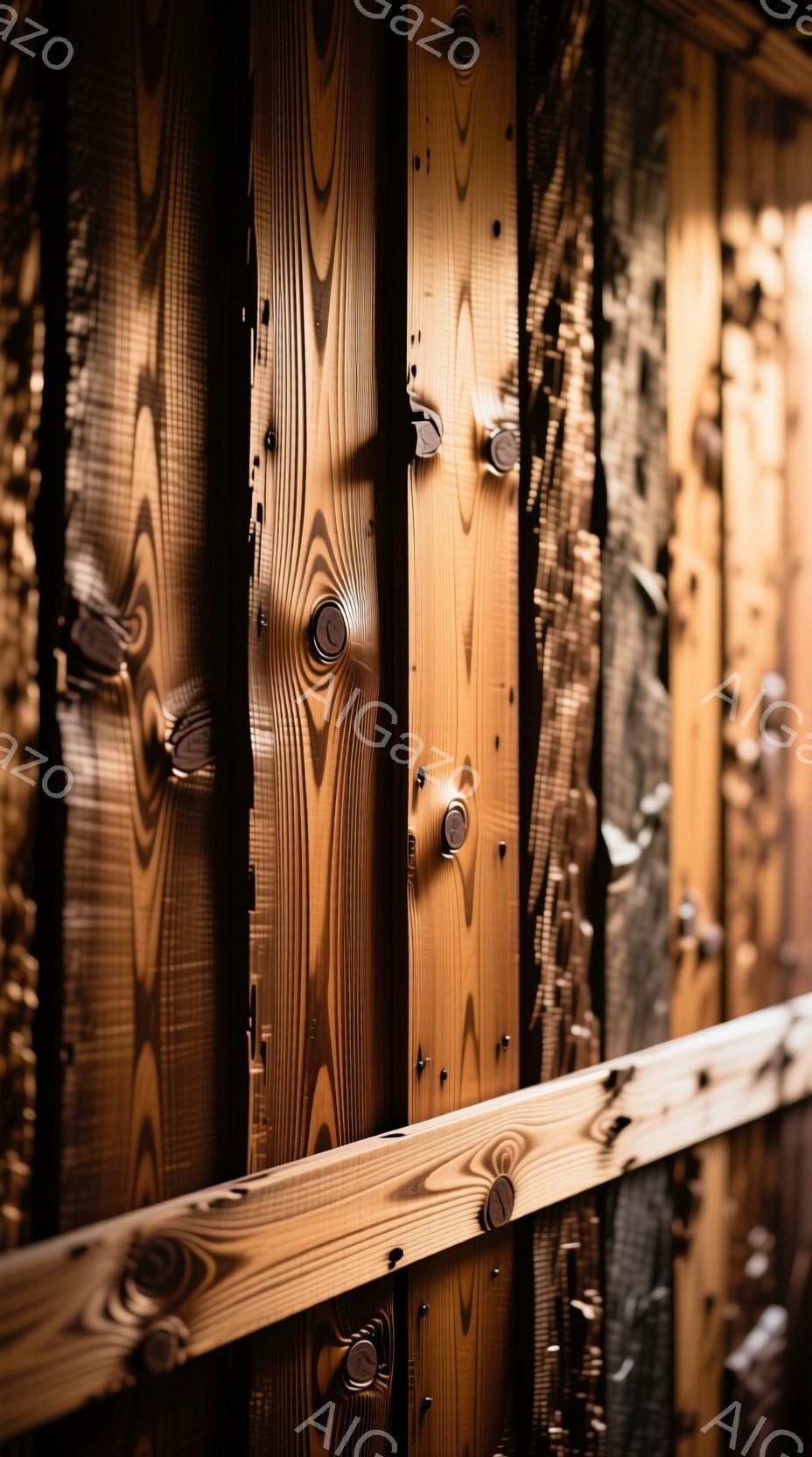 画像は、木製の壁またはパネルのクローズアップです。木材は暖色系の茶色で、美しい木目があり、金属製の鋲が規則的に並んでいます。全体的に、自然素材の温かみと、手仕事の丁寧さが感じられる落ち着いた雰囲気です。