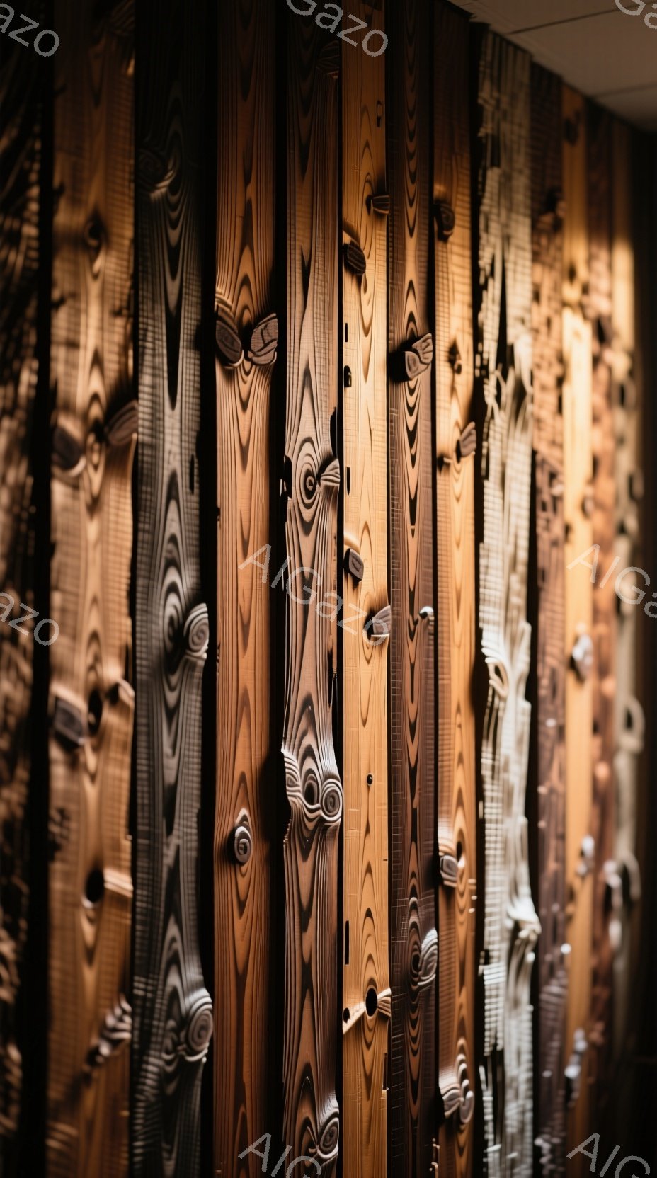 この画像は、木の年輪を模した彫刻が縦に並んだ壁面を捉えています。彫刻はそれぞれ異なる色調の茶色で、陰影がつけられ、まるで木の幹が連なっているかのような立体感を生み出しています。壁面全体は暖かく、自然な雰囲気で、光の当たり方によって彫刻の質感が強調されています。