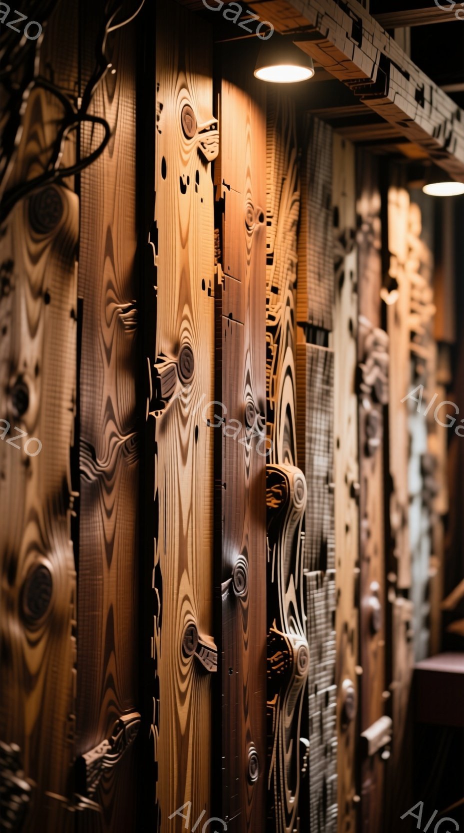 濃い茶色の木材の壁が、規則的に並んで構成された空間が捉えられています。木材は独特の木目と節を持ち、温かみのある光が照らされています。背景はさらに木材で構成され、奥行きのある、自然素材を活かした室内空間であることが分かります。