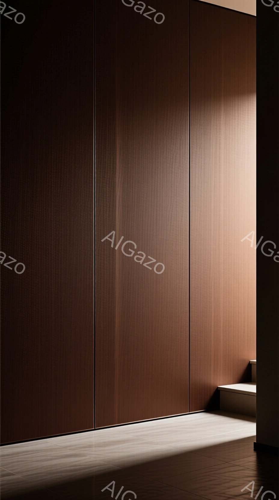 暖色系の木目調の壁が印象的な室内空間です。床には光が差し込み、壁と床の境界線に明暗のコントラストが生まれています。ミニマルで落ち着いた雰囲気が漂い、空間全体に静寂が感じられます。