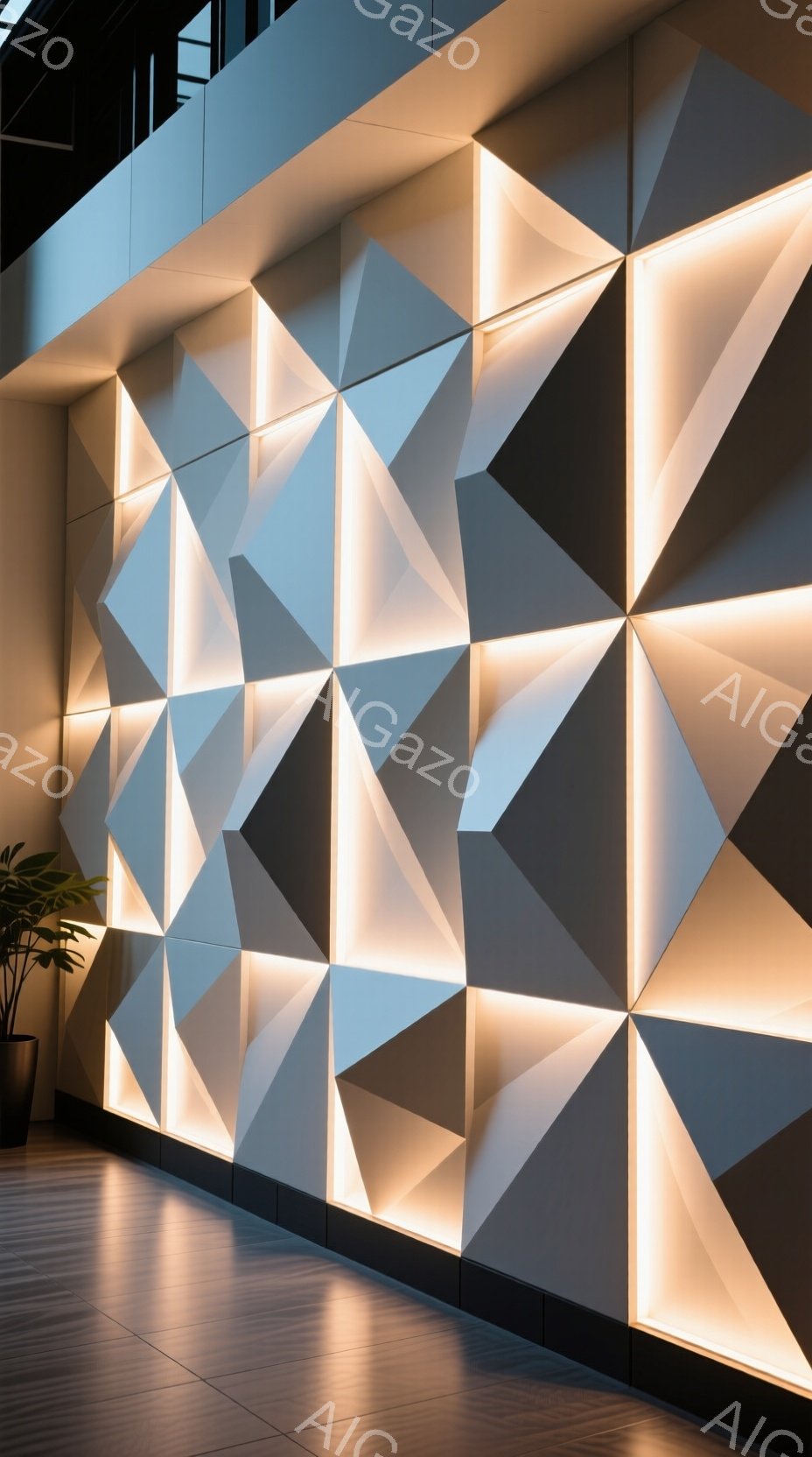 画像は、幾何学的な三角形のパネルで構成された壁面を捉えており、背後からライトアップされ、立体感と陰影を強調しています。床は光沢のあるタイルで、壁面の光を反射し、空間全体に明るさを与えています。左下には緑の植物が置かれ、モダンで洗練された雰囲気を醸し出しています。