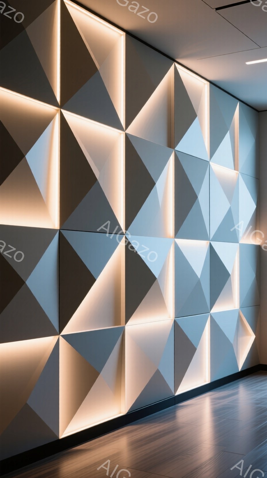 壁面は、三角形のパネルが組み合わさった幾何学的なデザインで覆われています。各パネルは、明るい白から濃いグレーまで異なる色調を持ち、ライトがパネルの隙間に配置され、立体感と奥行きを生み出しています。床は木目調で、モダンで洗練された雰囲気を作り出しています。