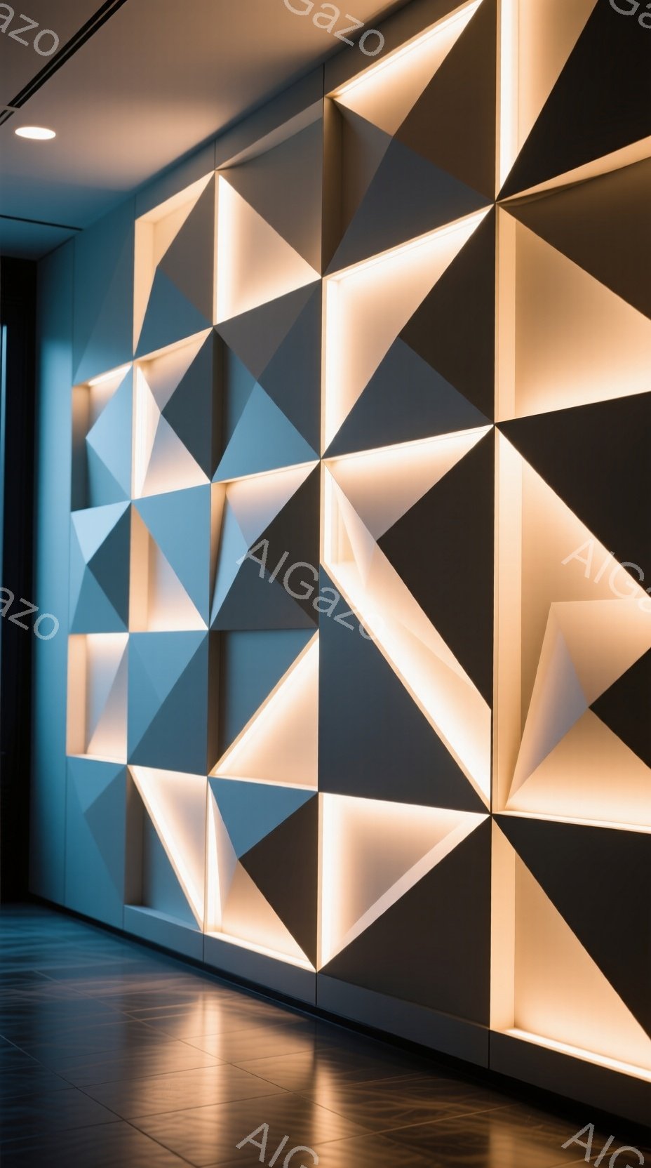 画像は、幾何学的な三角形のパネルで構成された壁を捉えています。各パネルは光を反射し、明るい輝きを放ち、モダンで抽象的な装飾を作り出しています。床は光沢のある黒いタイルで覆われており、壁の光を反射し、全体的に洗練された雰囲気を作り出しています。