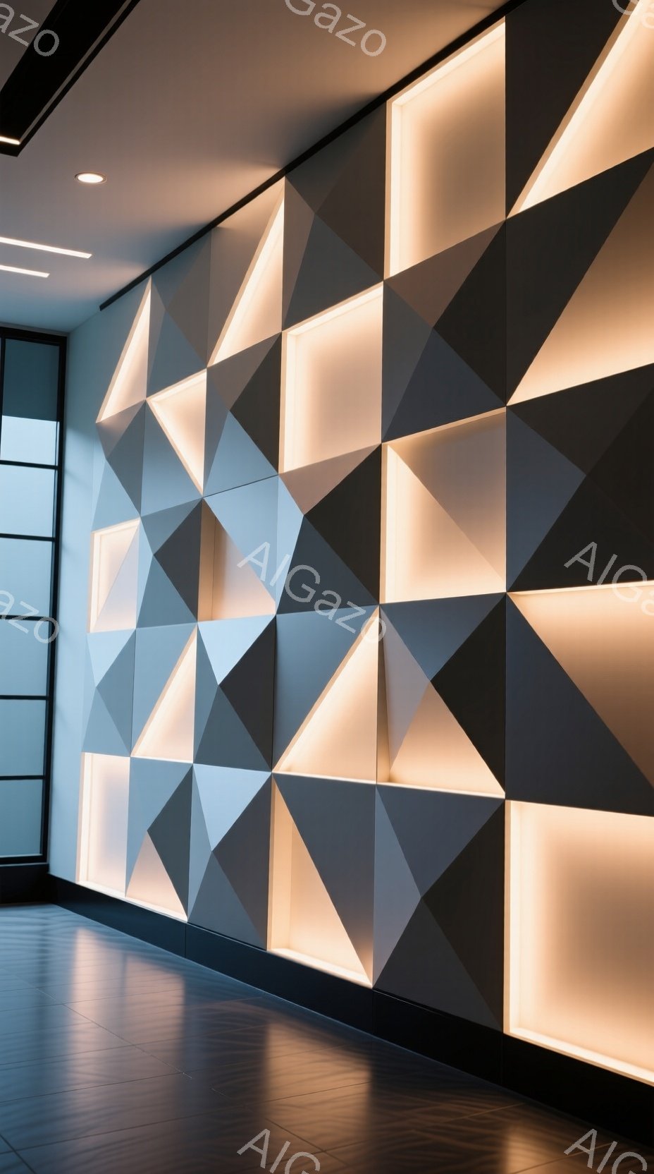 この画像は、幾何学的な三角形のパネルで構成された壁を捉えています。パネルはグレーと白の陰影で、背後からライトアップされており、モダンで未来的な雰囲気を醸し出しています。床は光沢のあるタイルで、壁からの光を反射し、空間全体に柔らかい光を広げています。