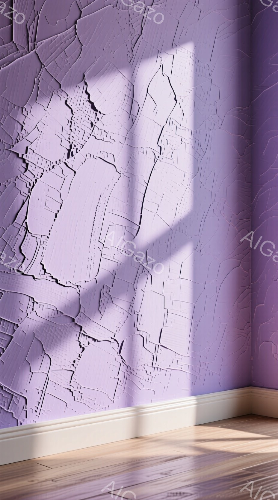 この画像は、薄紫色の立体的な壁が特徴的な室内空間を描いています。壁はまるでひび割れたように複雑な模様が施され、光と影が強烈なコントラストを生み出しています。床は明るい木目で、白く塗られた巾木とのコントラストが際立ち、モダンで幾何学的な雰囲気を醸し出しています。