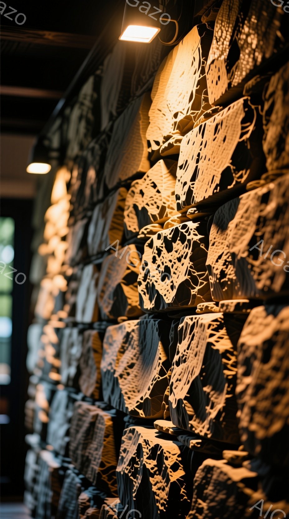 暗い背景に、複雑な模様の白い布が密集して吊り下げられています。スポットライトが布を照らし、影を作り出し、独特のテクスチャと立体感を強調しています。全体的にミステリアスで芸術的な雰囲気が漂い、ファッションやインテリアの展示のようです。