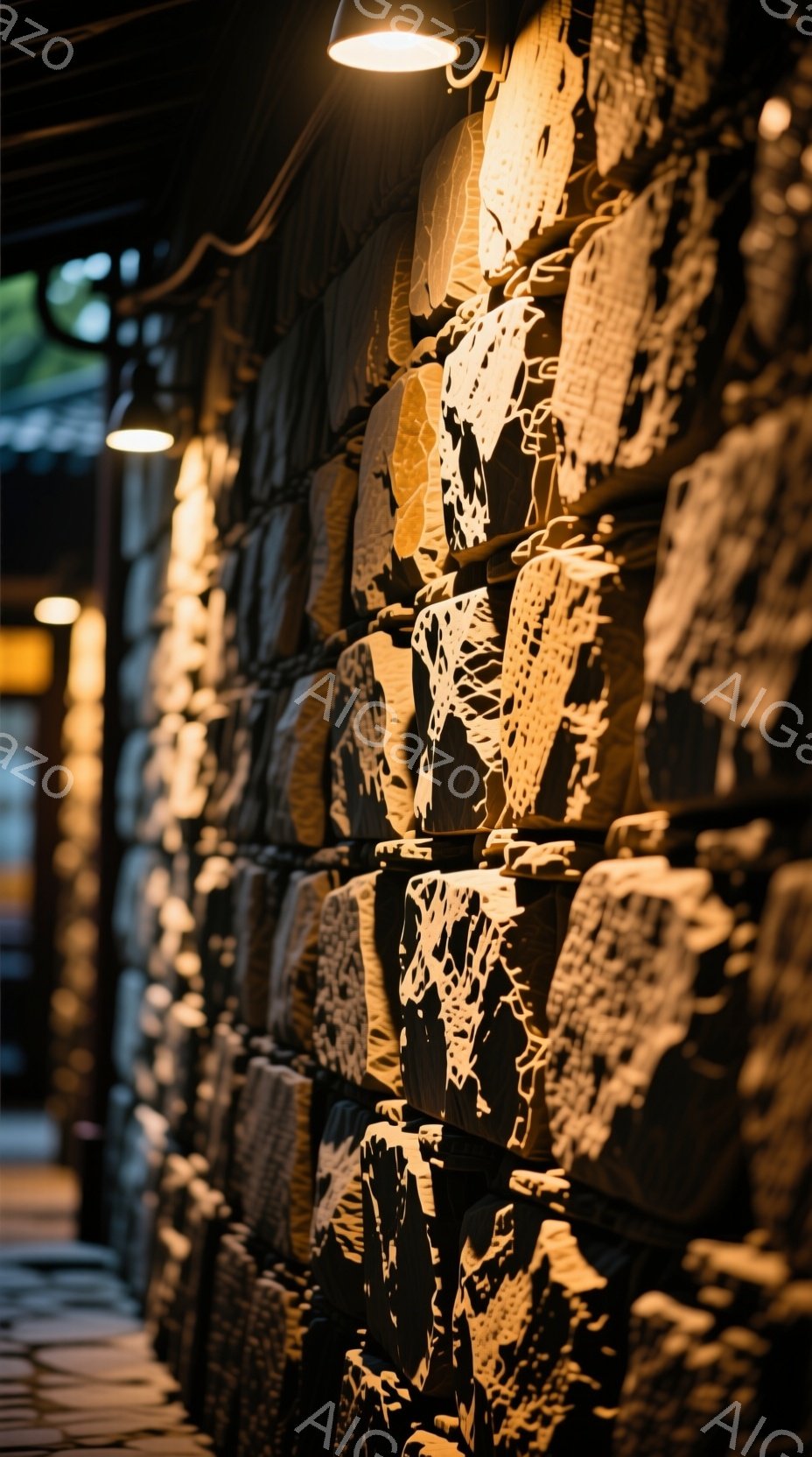 画像は、伝統的な和柄の着物や帯がずらりと並んだ様子を捉えています。暖色系の照明が和柄に当たり、独特の陰影を生み出し、奥行きのある空間を演出しています。石畳の道と古い建物が背景にあり、古都の風情を感じさせる落ち着いた雰囲気が漂っています。