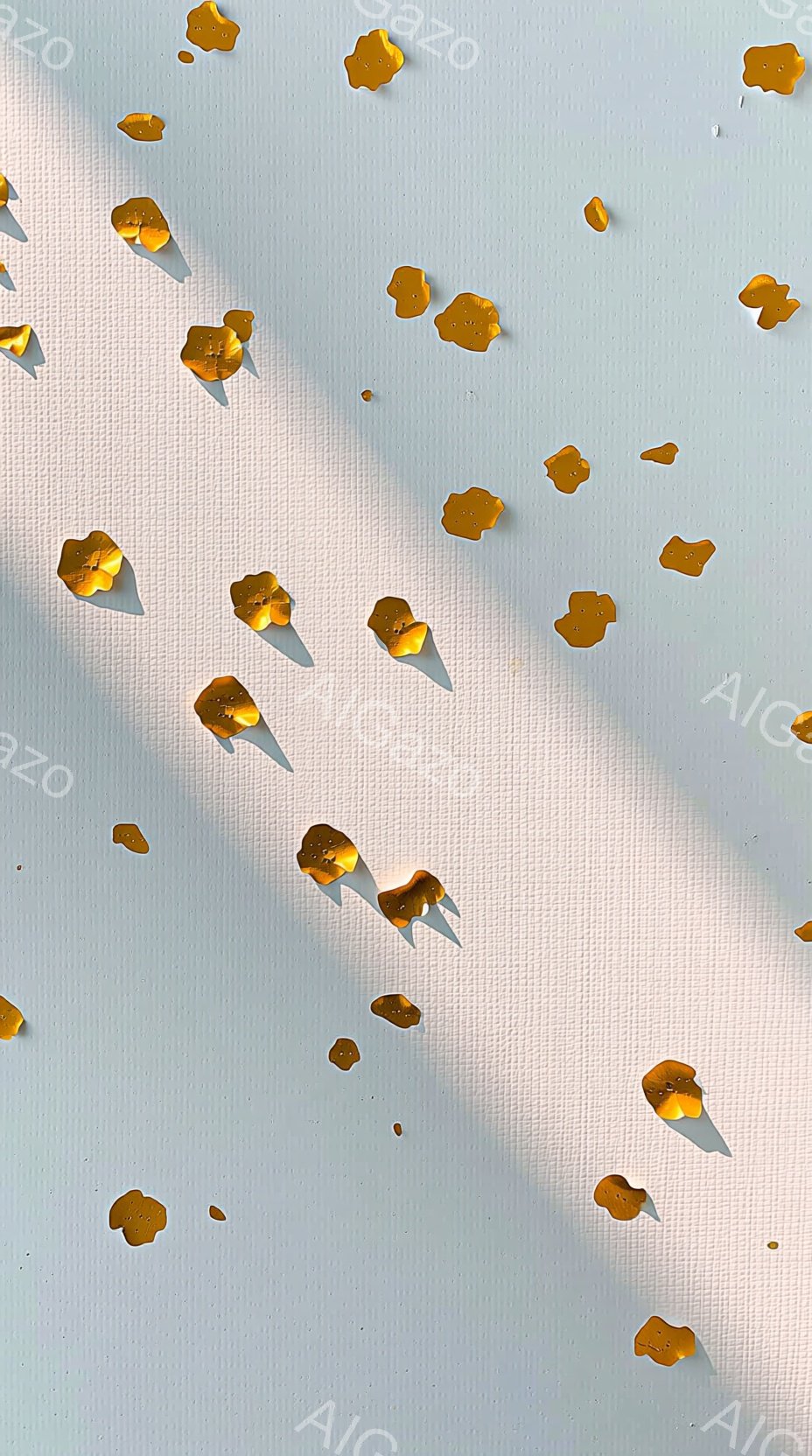 白い背景に、金色の小さな葉っぱのようなものが散りばめられています。強い光が左から差し込み、葉っぱの影が長く伸びています。全体的に、静かで、ミニマルな雰囲気で、自然光が暖かさを加えています。