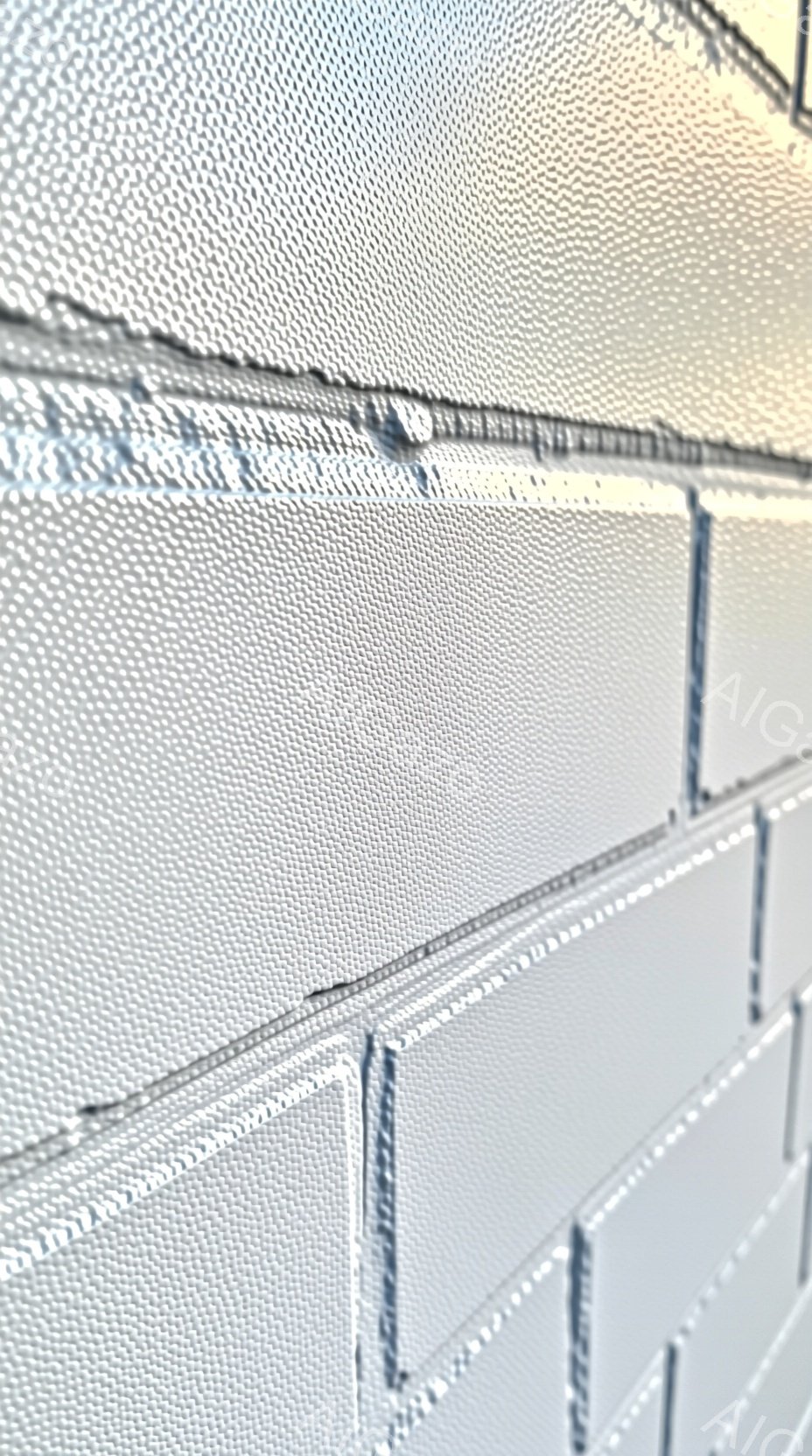 画像は、白いテクスチャード素材のクローズアップで、まるで幾何学模様のようなパターンが特徴的です。素材は光沢があり、影によって立体感が強調されています。背景にはわずかに光が差し込み、全体的にミニマルでモダンな印象を与えます。