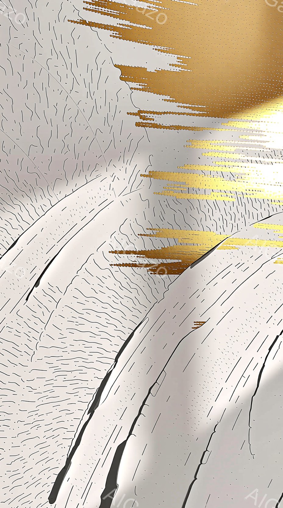 白を基調とした抽象的なテクスチャで、まるで波紋のような線が放射状に広がっている。黄金色の細い線が不規則に配置され、光沢と動きを添えており、全体として洗練された現代アート作品のような印象を与える。背景は不明瞭で、テクスチャ自体が主要な焦点となっている。