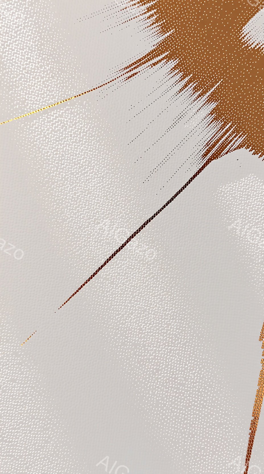 この画像は、ベージュ色の背景に、茶色と金色の線が描かれた抽象的な表現です。茶色の線は筆跡のようなテクスチャで、金色の線は点線状に描かれており、背景のテクスチャと混ざり合い、独特の視覚的な奥行きを生み出しています。全体的に、静かで瞑想的な雰囲気を醸し出しています。