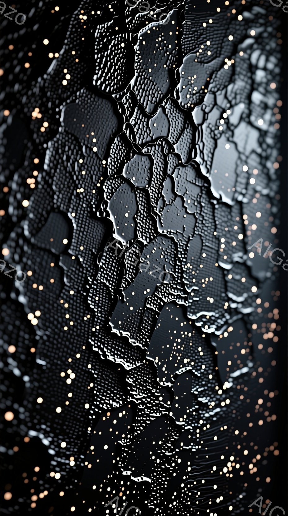 この画像は、暗い背景に抽象的なテクスチャが描かれています。黒を基調とした幾何学的なパターンが重なり合い、まるで砕けたガラスや氷のような質感を表現しています。細かい金の粒子が散りばめられ、幻想的で神秘的な雰囲気を醸し出しています。
